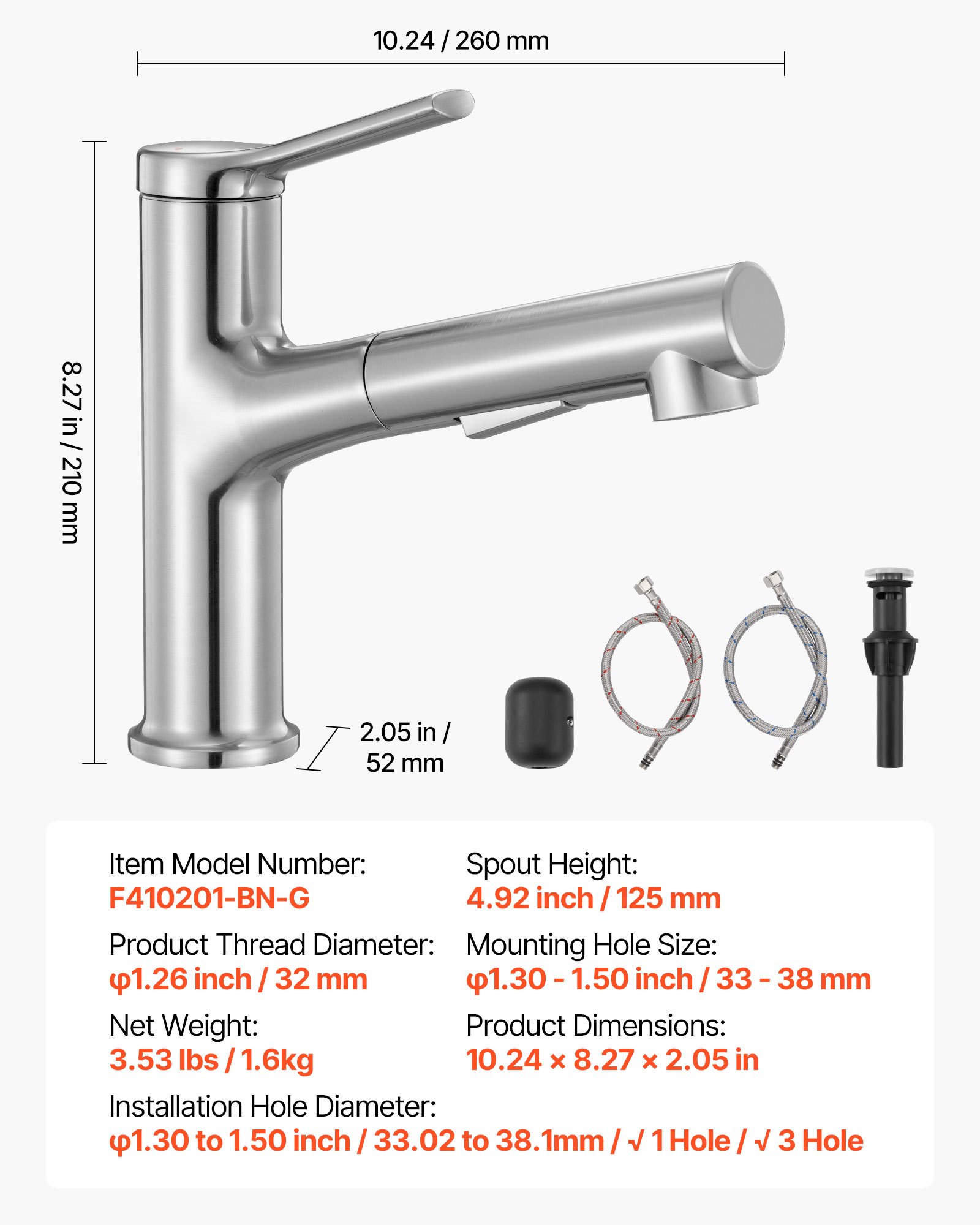 VEVOR Waschtischarmatur Wasserhahn aus gebürstetem Nickel & Edelstahl, Waschbeckenarmatur Küchenwasserarmaturen mitAusziehbrause wassersparend, Einhebelmischer für Badezimmer Wohnmobil Bar-Spüle