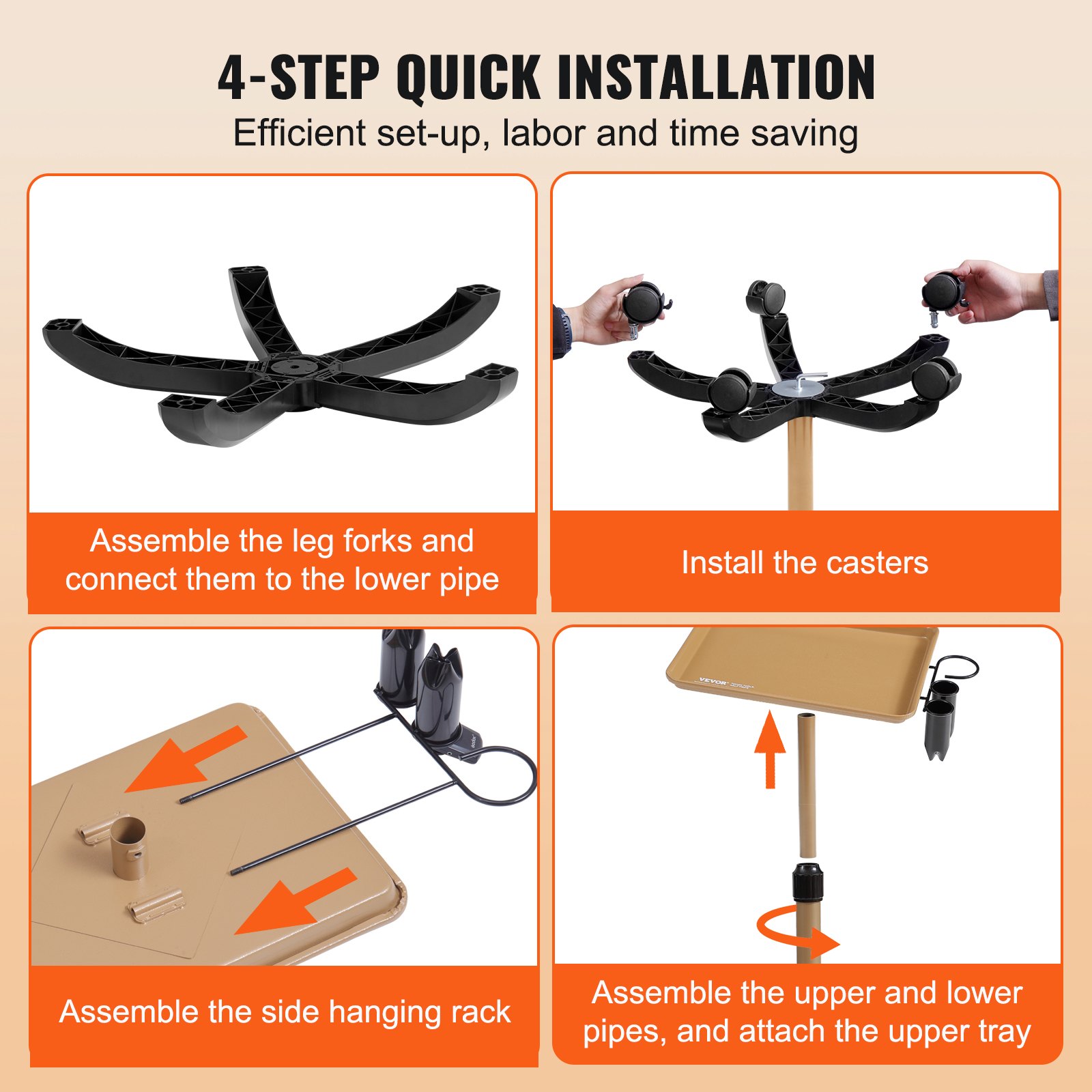 VEVOR Salon-Tablettwagen, höhenverstellbares rollendes Salon-Tablett, 76,2–109,2 cm, kaltgewalztes Platten-Tattoo-Tablett mit 5 Rädern (2 feststellbar) für SPA-Friseurklinik, Gold und Schwarz