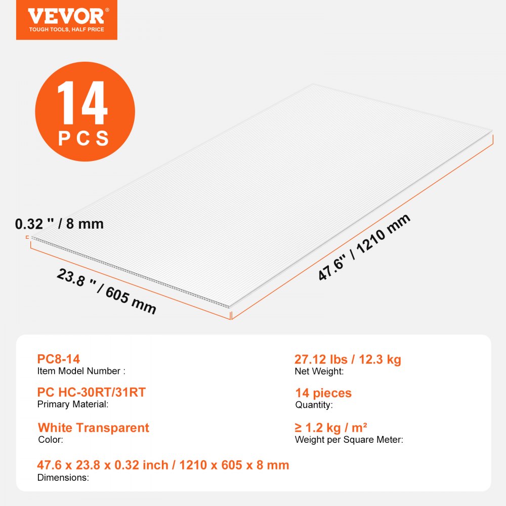 VEVOR 14er-Set Gewächshausplatten aus Polycarbonat, 1210 x 605 x 8 mm Stegplatten, wasserdichte UV-geschützte gewellte Hohlkammerplatten, schlagfeste, transparente Dachplatten für Gewächshaus/Garten