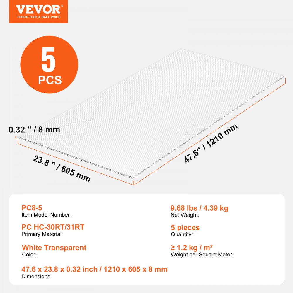 VEVOR 5-piece set of polycarbonate greenhouse panels, 1210 x 605 x 8 mm multiwall sheets, waterproof UV-protected corrugated twin-wall sheets, impact-resistant, transparent roof panels for greenhouses/gardens