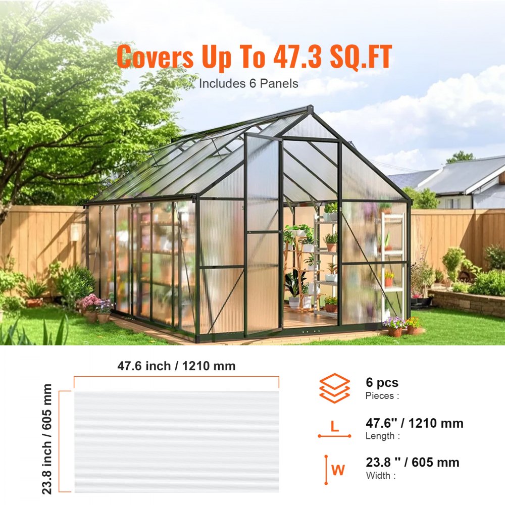 VEVOR 6er-Set Gewächshausplatten aus Polycarbonat, 1210 x 605 x 4 mm Stegplatten, wasserdichte UV-geschützte gewellte Hohlkammerplatten, schlagfeste, transparente Dachplatten für Gewächshaus/Garten