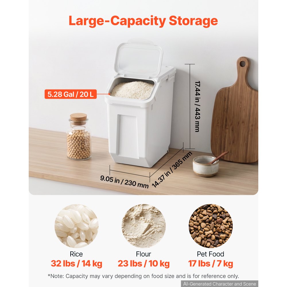 VEVOR Reisbehälter 20 L Tierfutterbehälter aus PP-Kunststoff Stapelbar für Getreide, Reis (14 kg), Müsli und Mehl (10 kg), Luftdichter Deckel, Doppelter Dichtungsring, Sichtfenster und Messbecher
