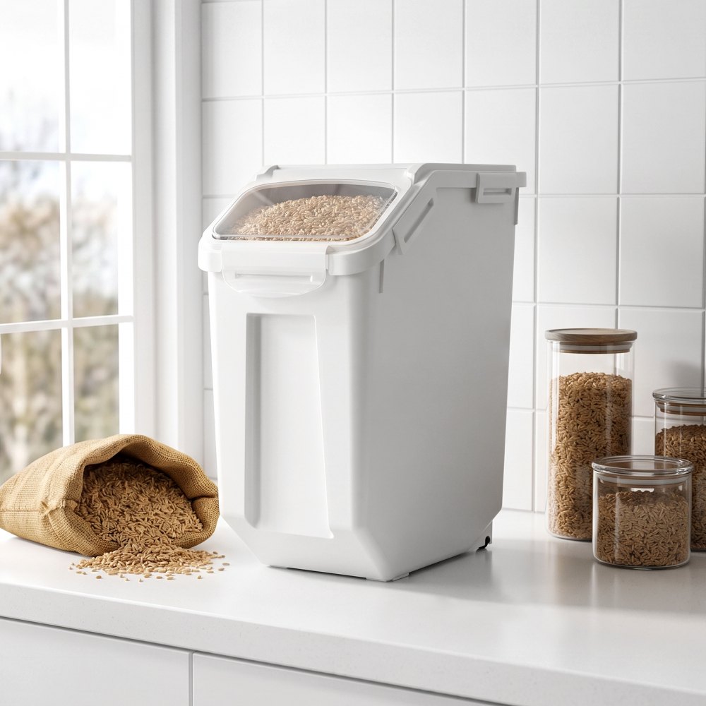 VEVOR Reisbehälter 20 L Tierfutterbehälter aus PP-Kunststoff Stapelbar für Getreide, Reis (14 kg), Müsli und Mehl (10 kg), Luftdichter Deckel, Doppelter Dichtungsring, Sichtfenster und Messbecher