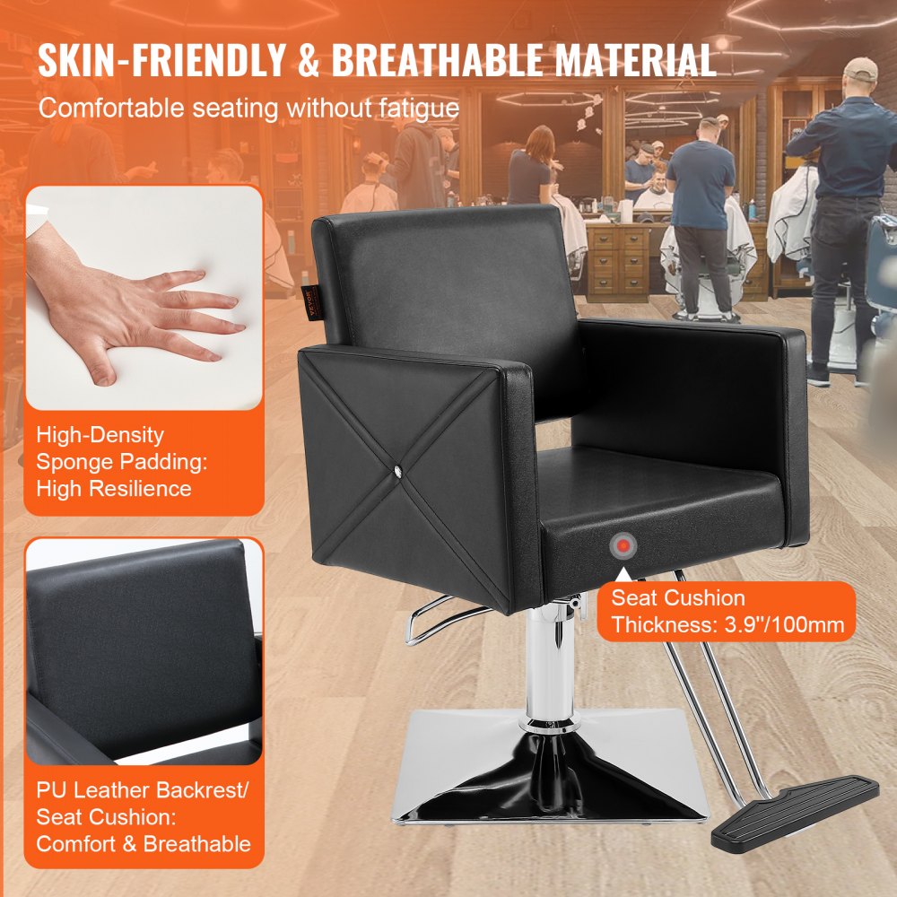 VEVOR Friseurstuhl 150 kg Gewichtskapazität Friseursessel aus Schwamm PU Holzplatte Eisen Bedienungsstuhl höhenverstellbar Barbersessel 360° drehbar Barberstuhl Friseureinrichtung  88 x 63 x 93 cm