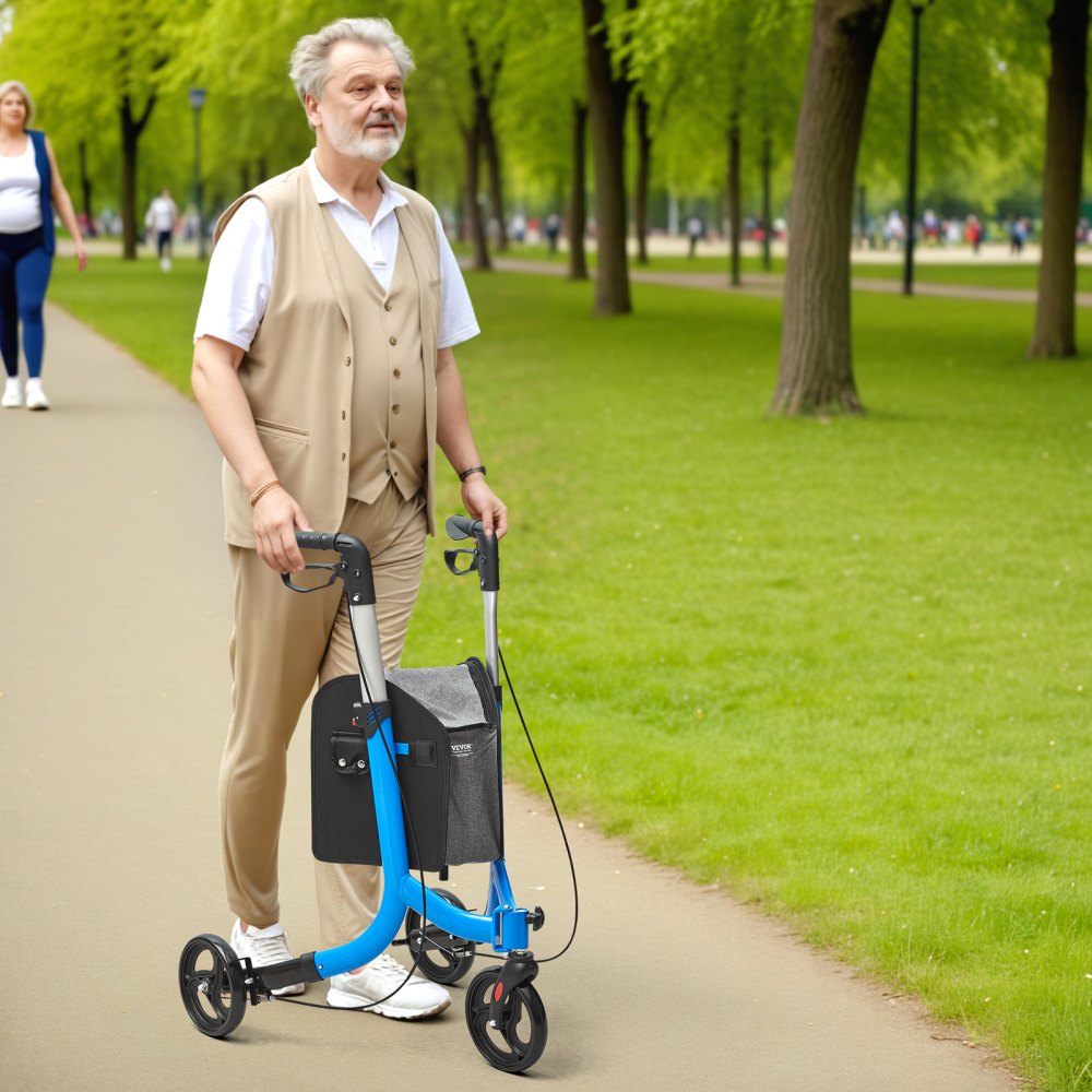 VEVOR Rollator mit 3 Rädern, faltbarer Gehwagen aus Aluminium mit verstellbarem Griff, Trio-Leichtgewichtsrollator für den Außenbereich mit Aufbewahrungstasche, 118 kg Tragkraft, Blau