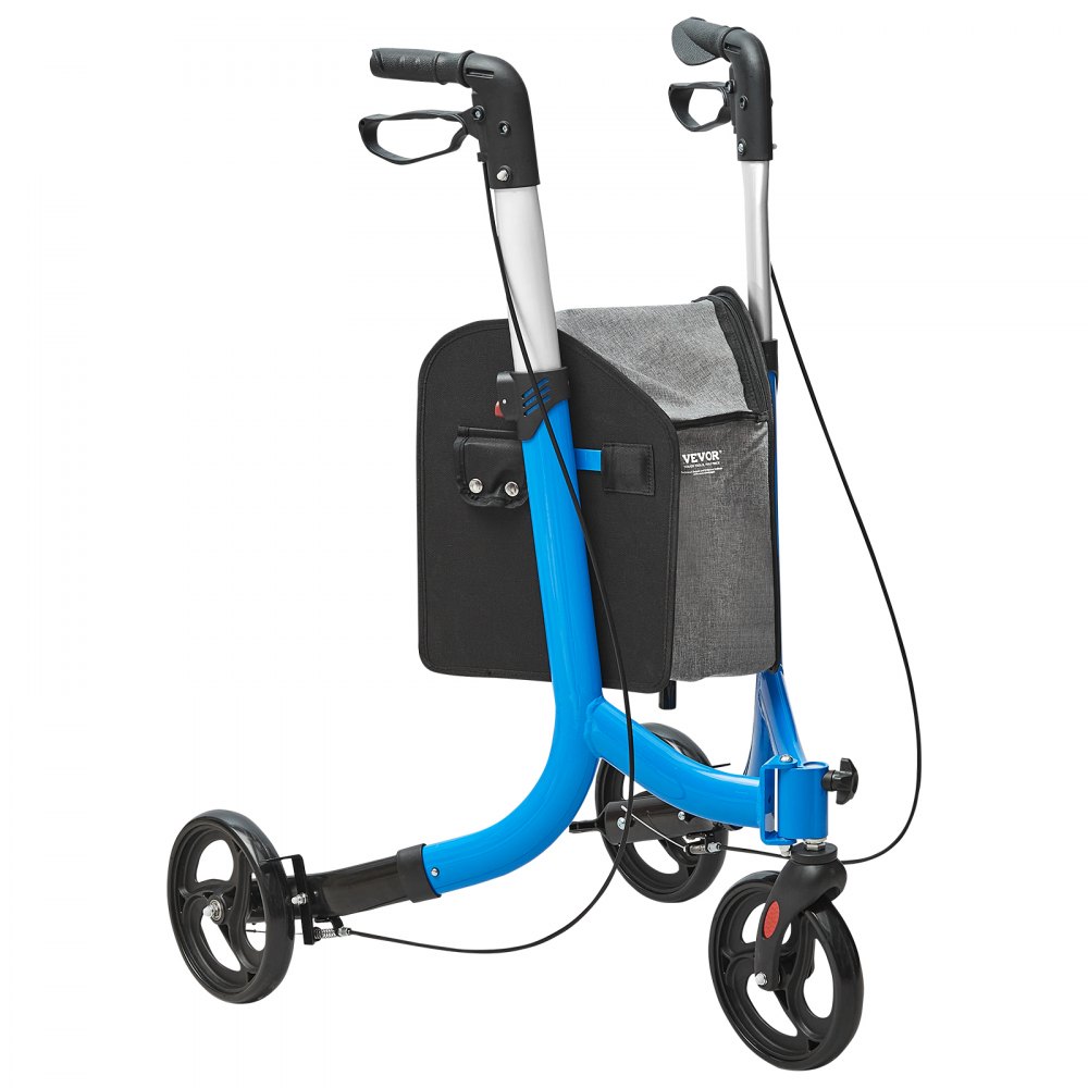 VEVOR Rollator in Blau mit grauer Aufbewahrungstasche und ergonomischen Griffen.