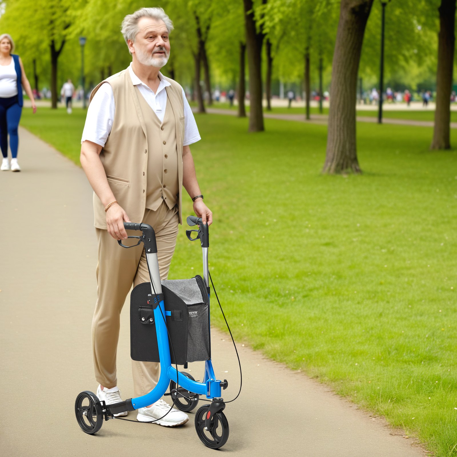VEVOR Rollator mit 3 Rädern, faltbarer Gehwagen aus Aluminium mit verstellbarem Griff, Trio-Leichtgewichtsrollator für den Außenbereich mit Aufbewahrungstasche, 118 kg Tragkraft, Blau