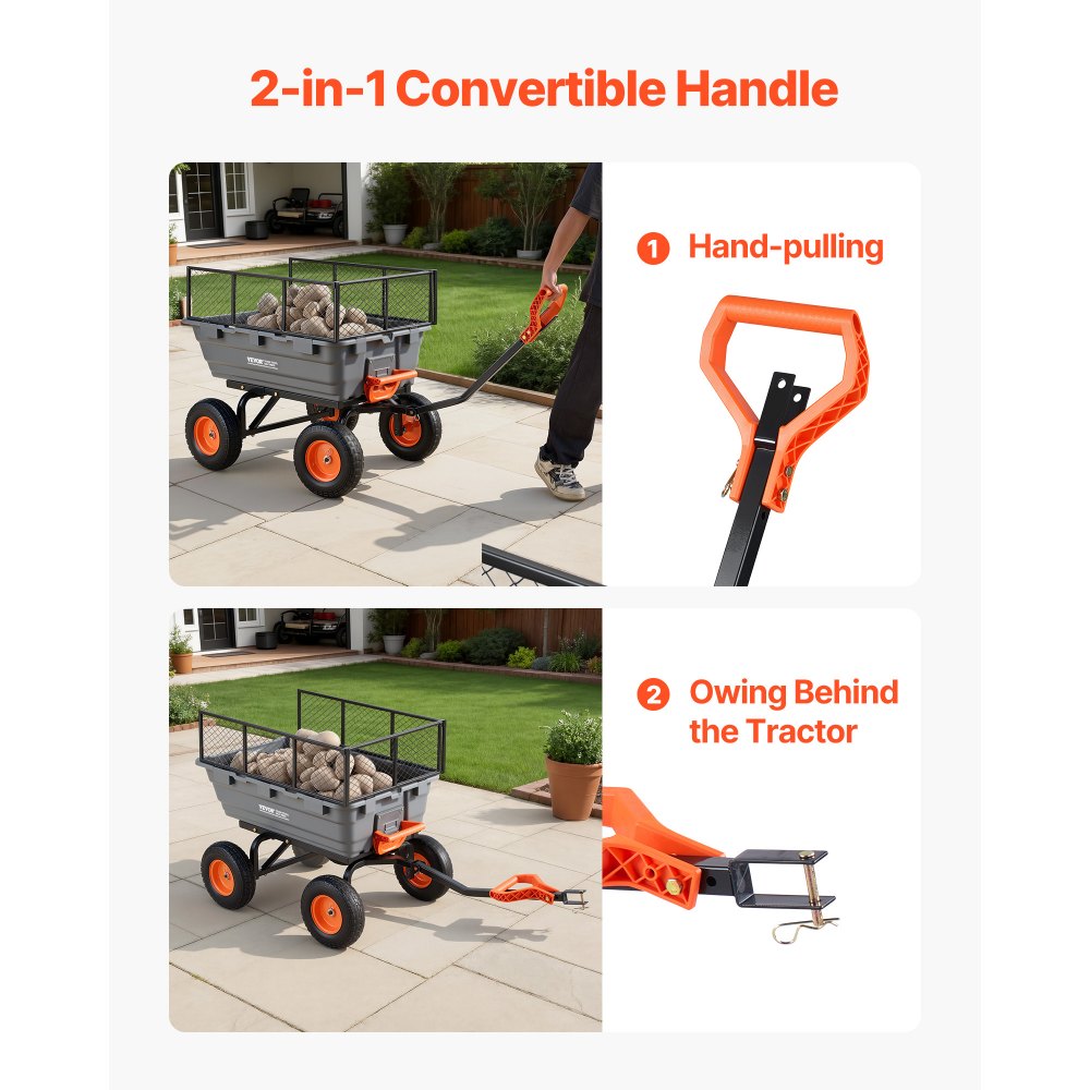 VEVOR Garden Dump Cart, 544 kg Poly Dump Cart, Garden Carts Dumps Wagon with Storage Fence, 2-in-1 Convertible Handle, 90° Quick-Dumps Mechanism, 180° Swivel Wheels, Yard Wagon for Plants, Soil