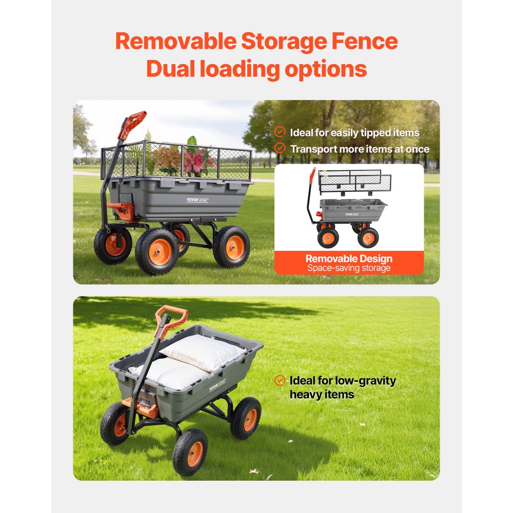 VEVOR Garden Dump Cart, 544 kg Poly Dump Cart, Garden Carts Dumps Wagon with Storage Fence, 2-in-1 Convertible Handle, 90° Quick-Dumps Mechanism, 180° Swivel Wheels, Yard Wagon for Plants, Soil