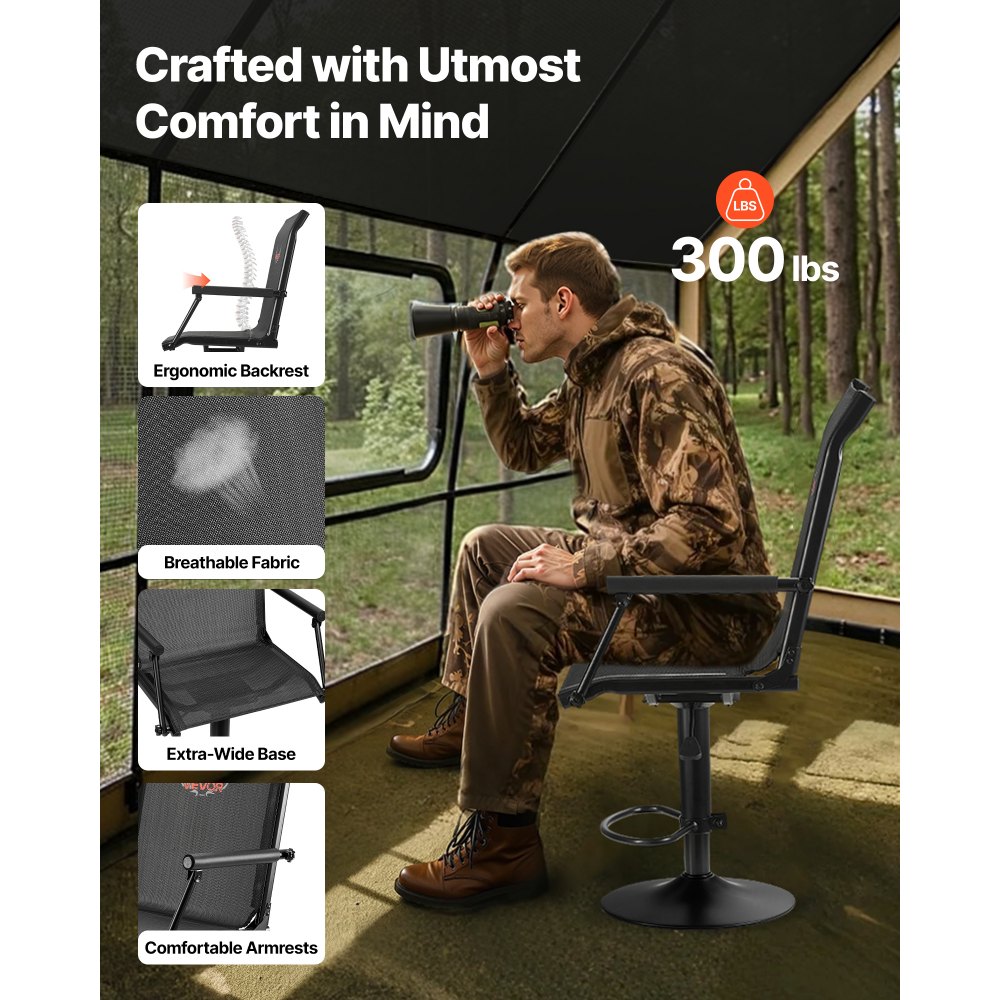 VEVOR Hunting Chair, 360° Silent Swivel, Lightweight Blind Chair, Heavy-Duty Steel Frame Ground Stool Seat, with Padded Armrests, Height Adjustable, 136 Kg Capacity, for Outdoor Fishing, Camping