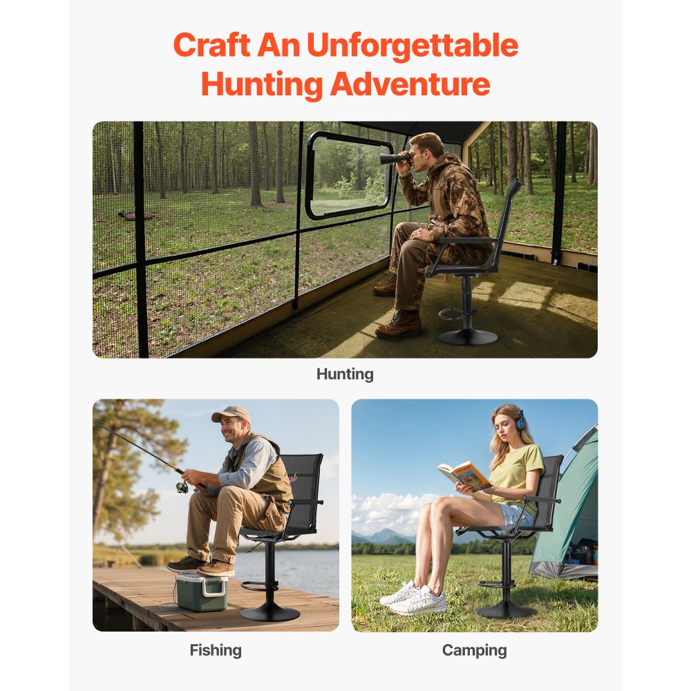 VEVOR Hunting Chair, 360° Silent Swivel, Lightweight Blind Chair, Heavy-Duty Steel Frame Ground Stool Seat, with Padded Armrests, Height Adjustable, 136 Kg Capacity, for Outdoor Fishing, Camping