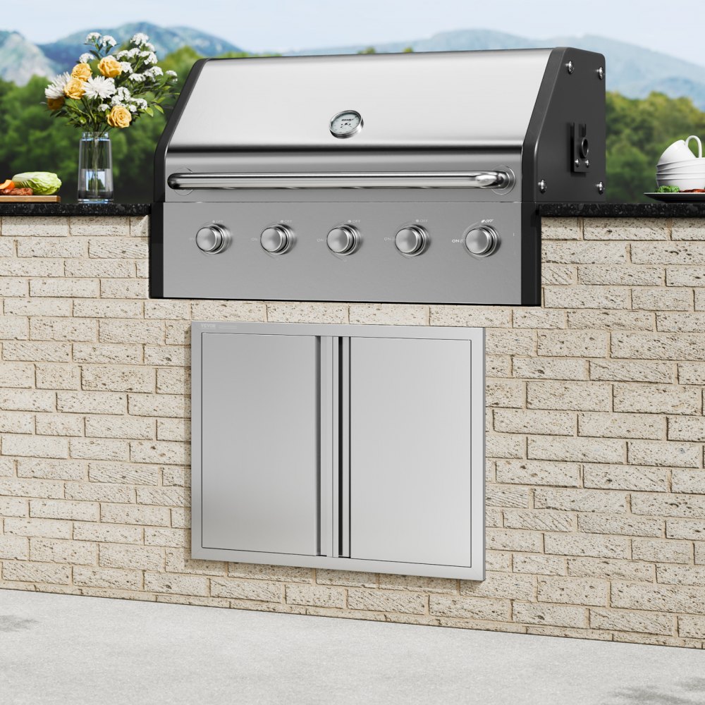 VEVOR Grill-Zugangstür, 787 x 609 mm, Doppelte Außenküchentür, Flächenbündig Montierte Edelstahltür, Vertikale Wandtür mit Versenkbaren Griffen, für Grillinsel, Grillstation, Außenschrank