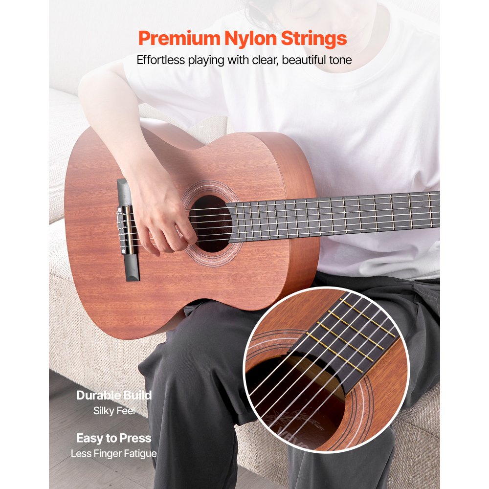 VEVOR Konzertgitarre, 900 mm, Klassikgitarren-Starterset für Anfänger, mit Nylonsaiten, Gigbag, Gurt, Stimmgerät, zusätzlichen Saiten, Plektren, Kapodaster, Sapeli & Palisander, Natur
