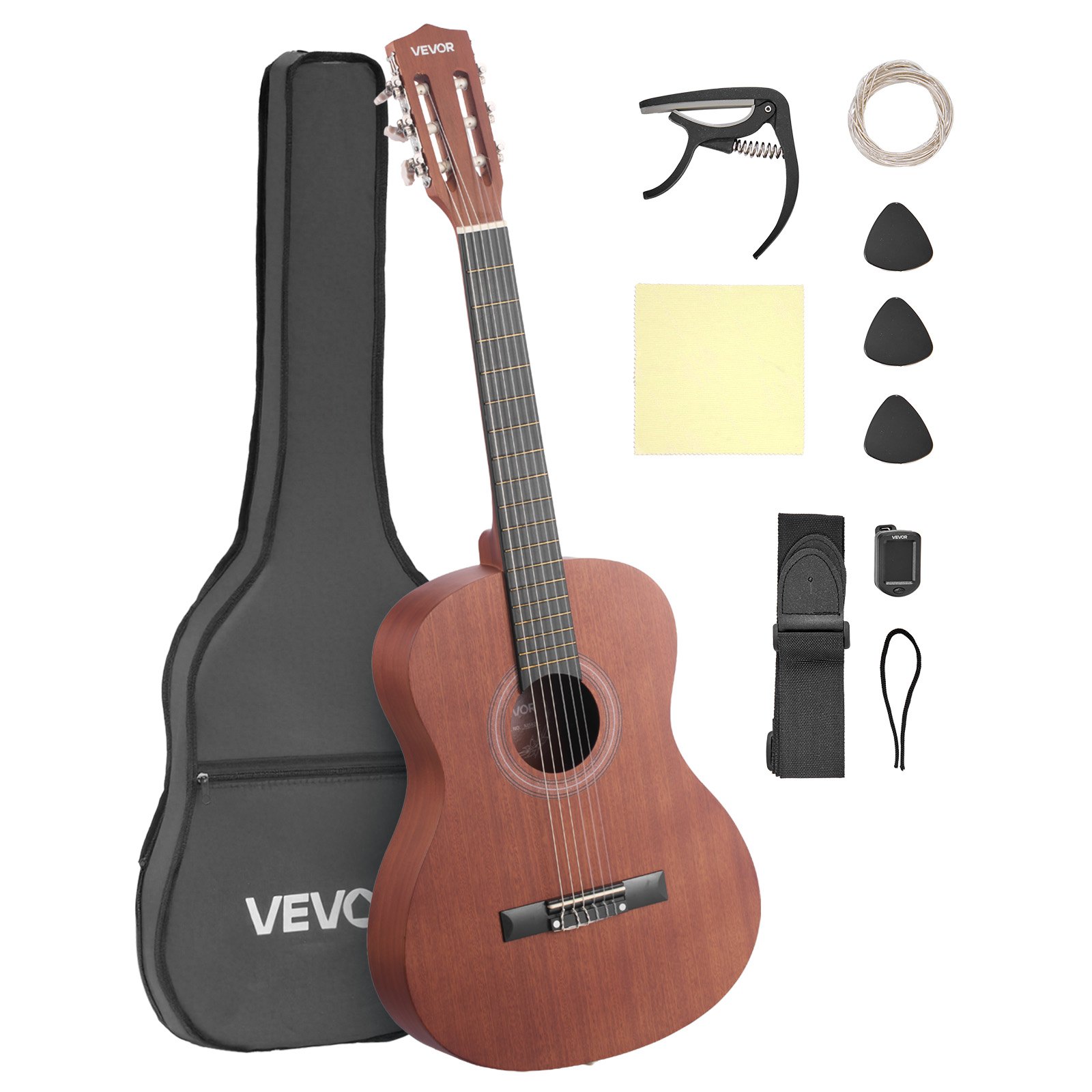 VEVOR Konzertgitarre, 900 mm, Klassikgitarren-Starterset für Anfänger, mit Nylonsaiten, Gigbag, Gurt, Stimmgerät, zusätzlichen Saiten, Plektren, Kapodaster, Sapeli & Palisander, Natur