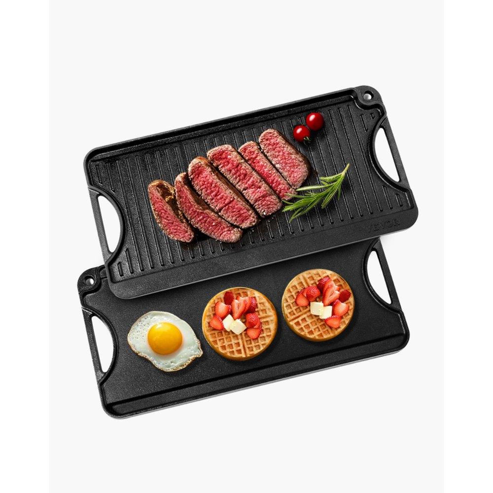 VEVOR wendbarer Grillplatte Bratpfanne Griddle aus Gusseisen (492 x 218 mm), tragbare rechteckige Pfanne mit Griff, Familienkochgeschirr für Herdplatten drinnen/draußen Grill, schwarz