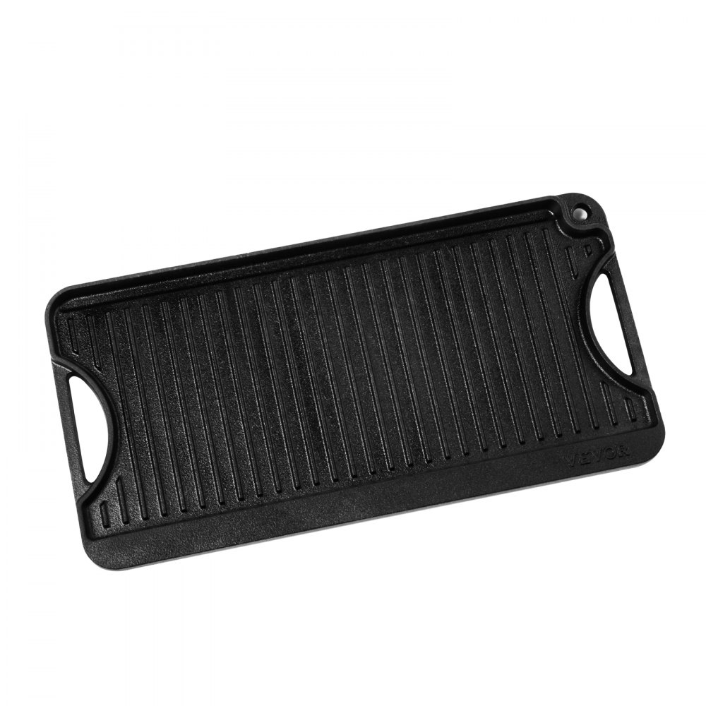 VEVOR wendbarer Grillplatte Bratpfanne Griddle aus Gusseisen (492 x 218 mm), tragbare rechteckige Pfanne mit Griff, Familienkochgeschirr für Herdplatten drinnen/draußen Grill, schwarz