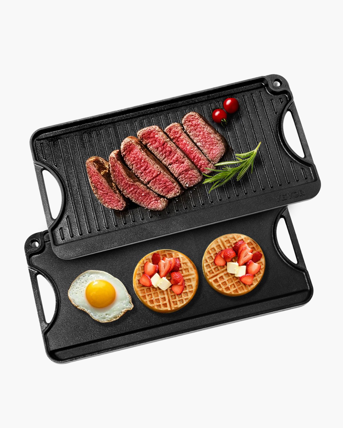 VEVOR wendbarer Grillplatte Bratpfanne Griddle aus Gusseisen (492 x 218 mm), tragbare rechteckige Pfanne mit Griff, Familienkochgeschirr für Herdplatten drinnen/draußen Grill, schwarz