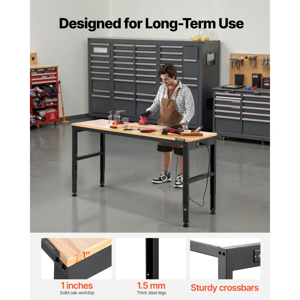 VEVOR Werkbank, 1549 x 508 mm Werkstatttisch, Höhenverstellbar 688-914mm, 900 kg Kapazität, Inkl. Stromanschlüsse, Hartholz-Oberfläche, Metallrahmen & Fußpads, Ideal für Garage, Büro & Zuhause