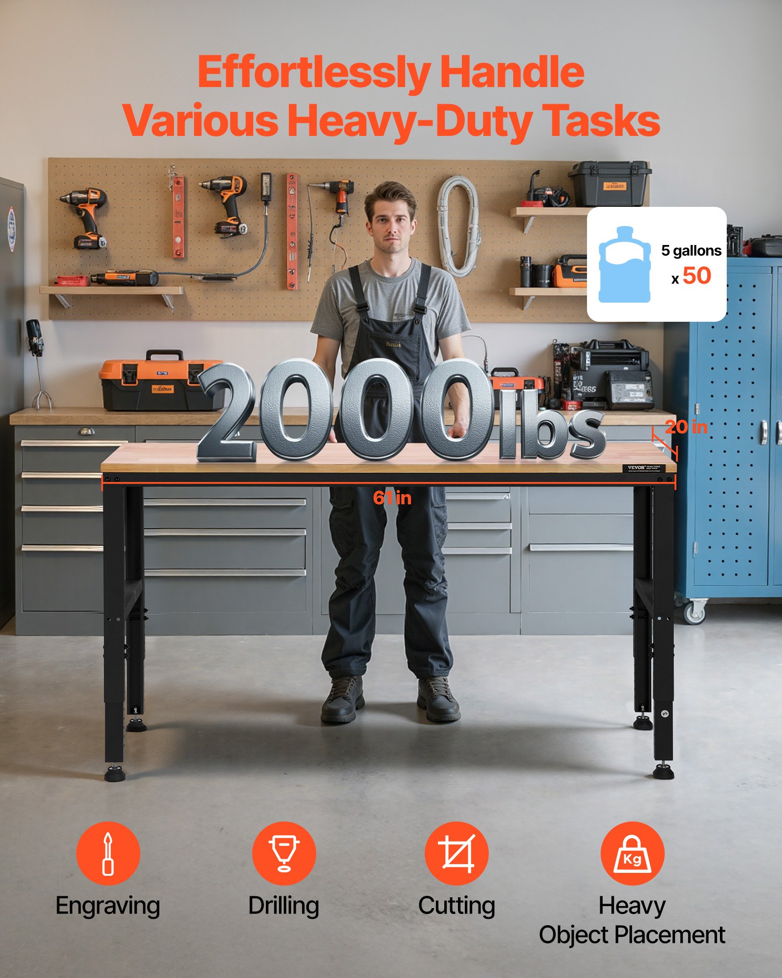 VEVOR Werkbank, 1549 x 508 mm Werkstatttisch, Höhenverstellbar 688-914mm, 900 kg Kapazität, Inkl. Stromanschlüsse, Hartholz-Oberfläche, Metallrahmen & Fußpads, Ideal für Garage, Büro & Zuhause