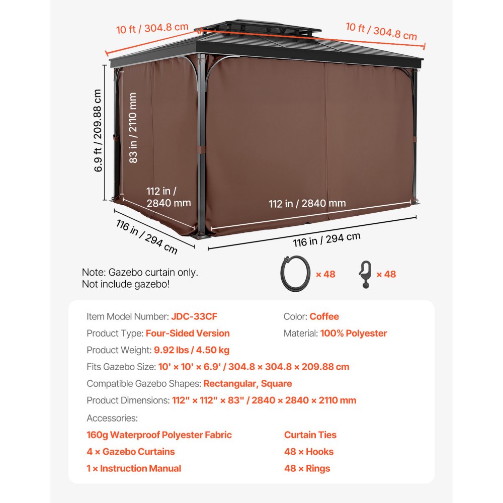 VEVOR Terrassenvorhang, 284x284x211 cm, 4-teilige Seitenwand-Pavillon-Sichtschutzvorhänge mit Reißverschlüssen, 2 m hohe Sonnenschutzvorhänge als Ersatz für Terrassenüberdachung, nur Vorhänge, braun