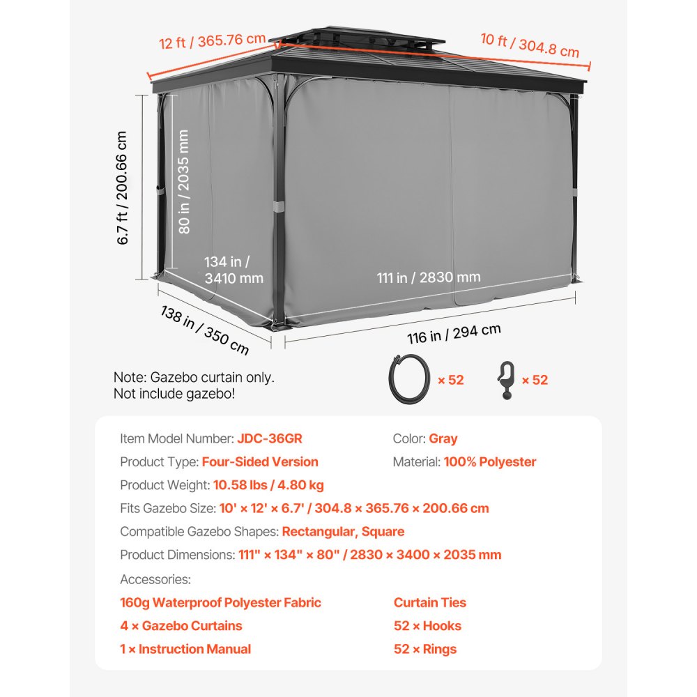 VEVOR Terrassenvorhang, 2830x3400x2035mm, Seitenwand-Sichtschutzvorhänge für Pavillons mit Reißverschlüssen, Sonnenschutzvorhänge als Ersatz für Terrassenüberdachung, nur Vorhänge, grau