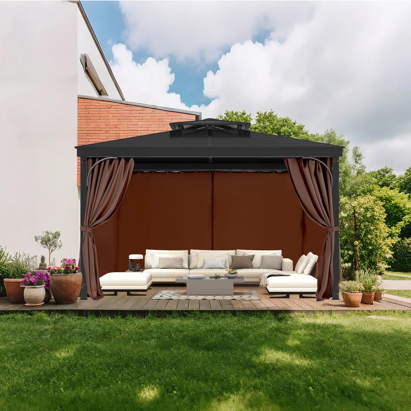 VEVOR Pavillonvorhänge 281x341x214 cm, 4-teilige Seitenwand-Pavillon-Sichtschutzvorhänge mit Reißverschlüssen, Sonnenschutzvorhänge als Ersatz für Terrassenüberdachung, NUR Vorhänge, Braun