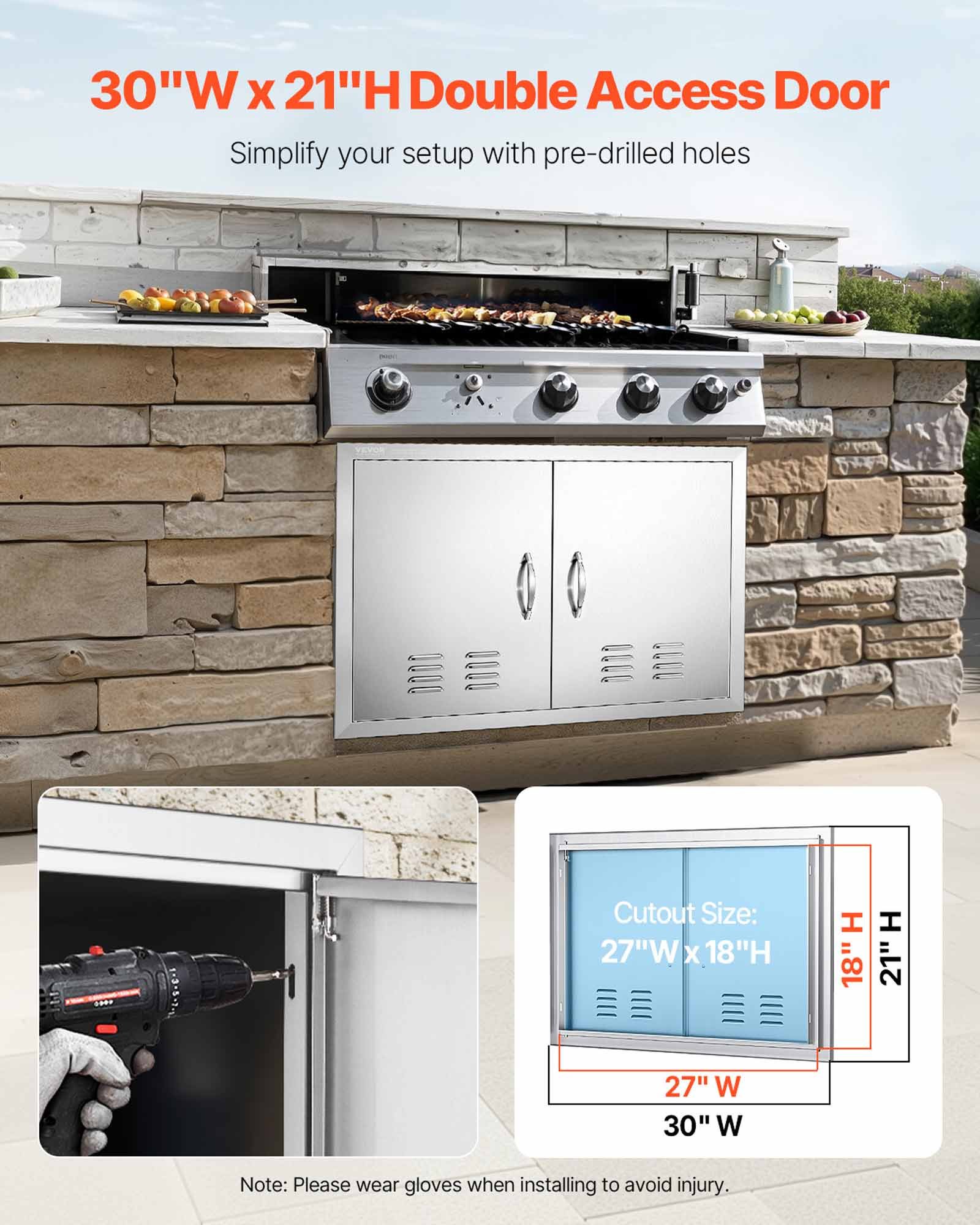 VEVOR Grill-Zugangstür, 762 x 533 mm, Doppelte Außenküchentür, Flächenbündig Montierte Edelstahltür, Vertikale Wandtür mit Griffen und Lüftungsschlitzen, für Grillinsel, Grillstation, Außenschrank