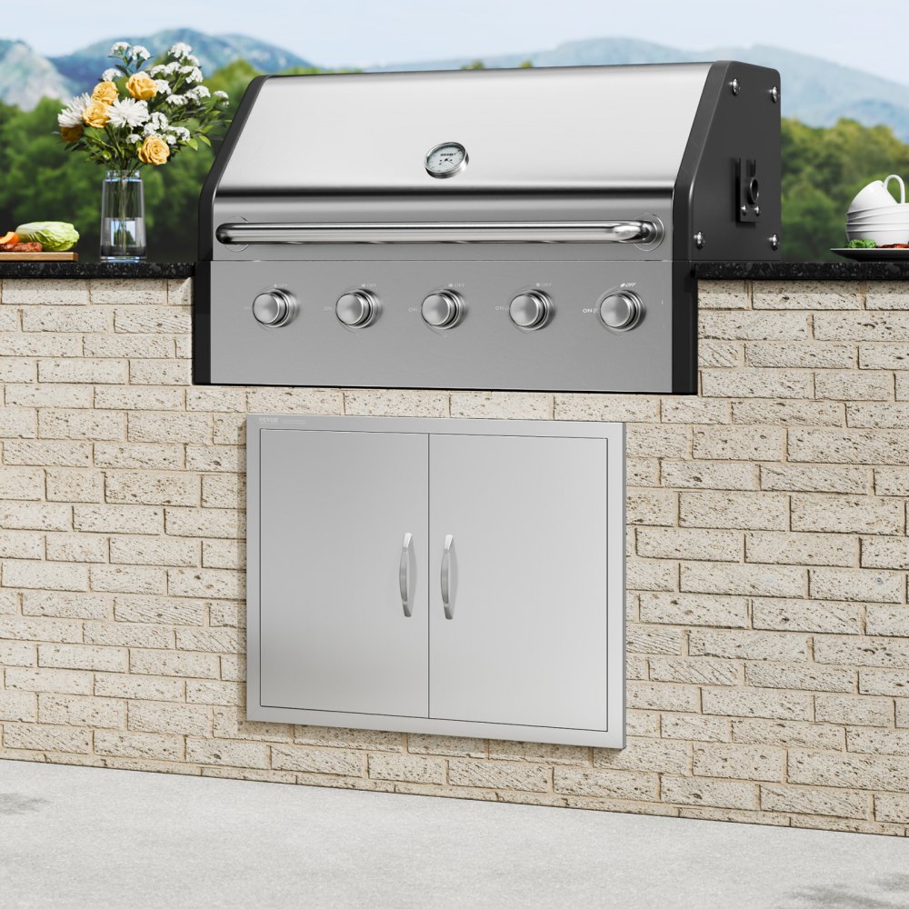 VEVOR Grill-Zugangstür, 787 x 609 mm, Doppelte Außenküchentür, Flächenbündig Montierte Edelstahltür, Doppelwandige vertikale Tür mit Griffen und Haken, für Grillinsel, Grillstation, Außenschrank