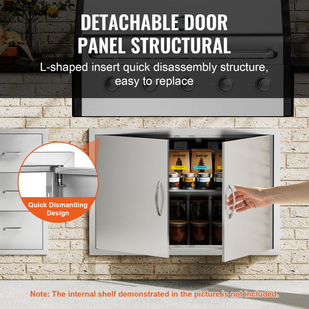 VEVOR Grill Access Door, 889 x 610 mm, Double Outdoor Kitchen Door, Flush Mounted Stainless Steel Door, Vertical Wall Door with Handles, for Grill Island, Grill Station, Outdoor Cabinet