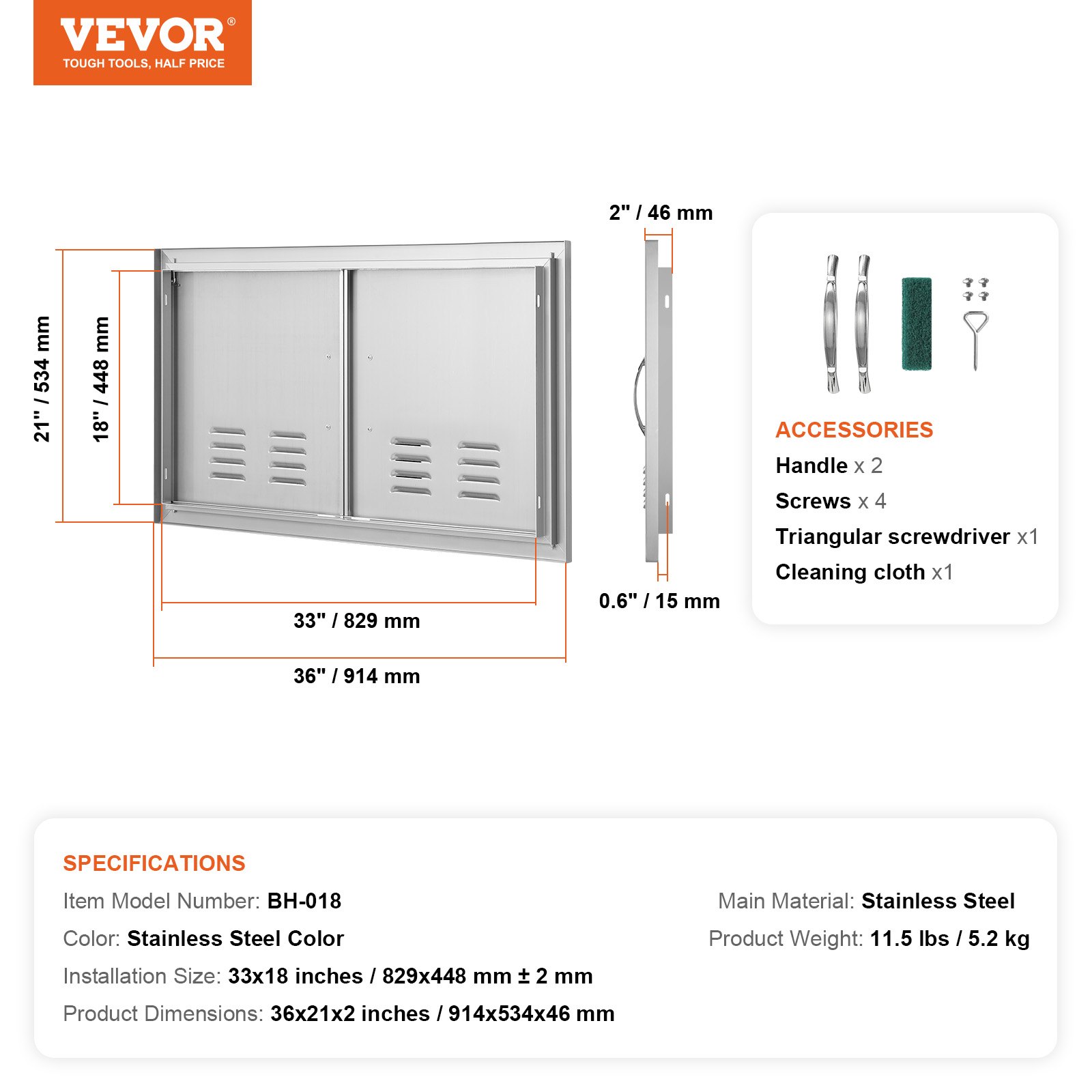 VEVOR Grill-Zugangstür, 914 x 534 mm, Doppelte Außenküchentür, Flächenbündig Montierte Edelstahltür, Vertikale Wandtür mit Griffen und Lüftungsschlitzen, für Grillinsel, Grillstation, Außenschrank