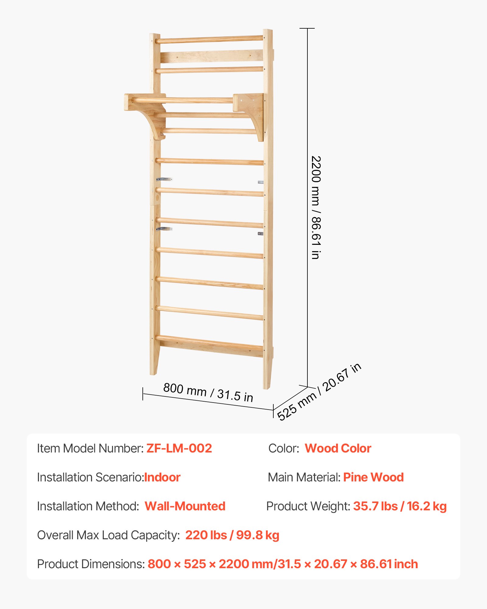 VEVOR schwedisches Leiterwand 10-stufiges Indoor-Klettergerüst aus Massivholz, 100 kg belastbare Indoor-Spielplatz-Kletterleiter Turnreck mit Klimmzugstange – Ideales Geschenk für Kinder