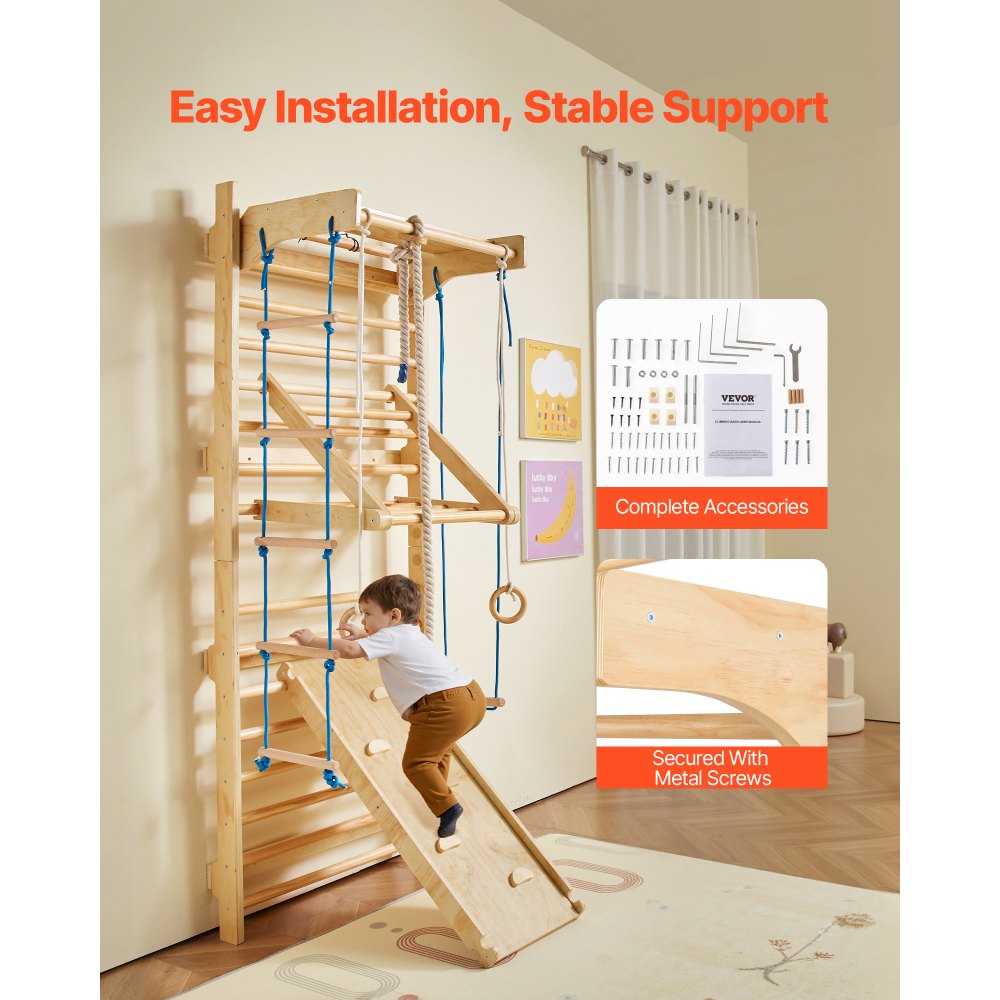 VEVOR schwedisches Leiterwand, 8 in 1 15-stufiges Indoor-Klettergerüst, 100 kg belastbares Wand-Stangen-Kletterspielset mit Wandleiter Rutschbrett Klimmzugstange Turnringen Schaukelsitz Strickleiter
