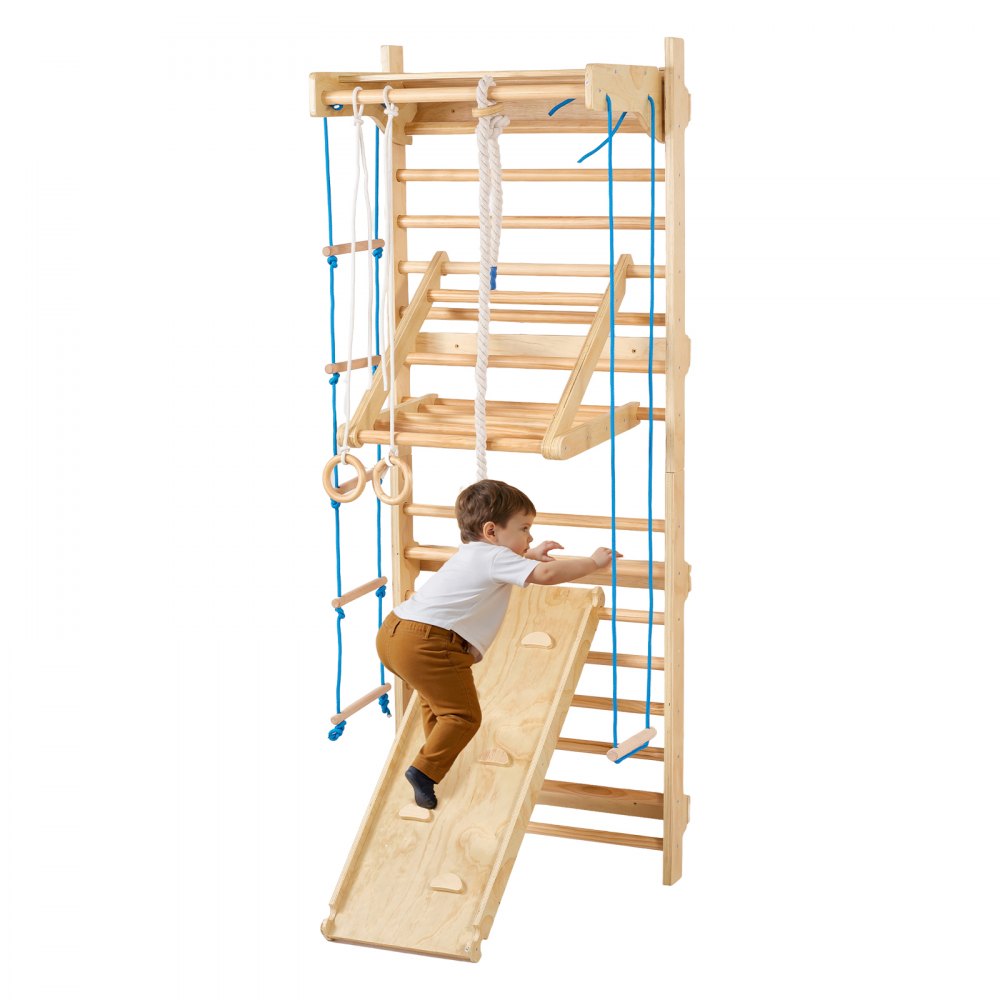 VEVOR schwedisches Leiterwand, 8 in 1 15-stufiges Indoor-Klettergerüst, 100 kg belastbares Wand-Stangen-Kletterspielset mit Wandleiter Rutschbrett Klimmzugstange Turnringen Schaukelsitz Strickleiter