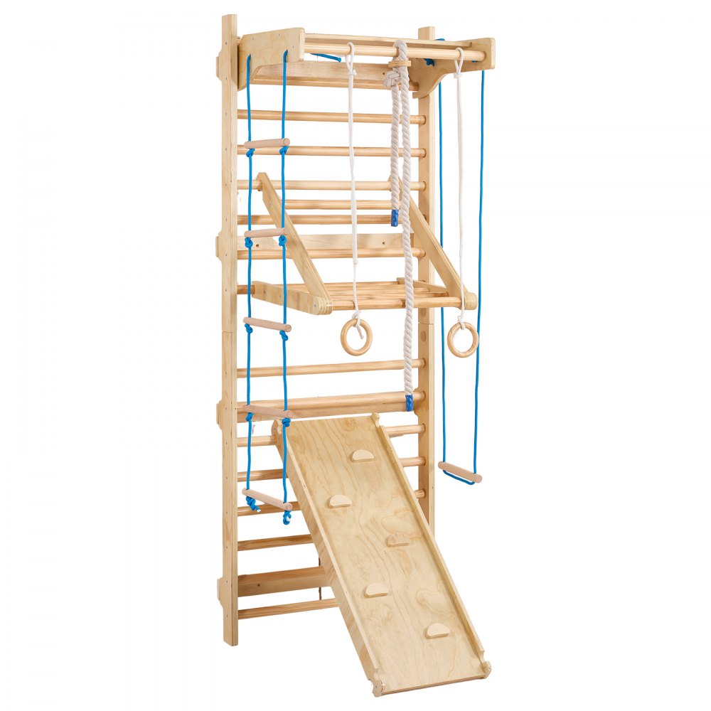 VEVOR schwedisches Leiterwand, 8 in 1 15-stufiges Indoor-Klettergerüst, 100 kg belastbares Wand-Stangen-Kletterspielset mit Wandleiter Rutschbrett Klimmzugstange Turnringen Schaukelsitz Strickleiter