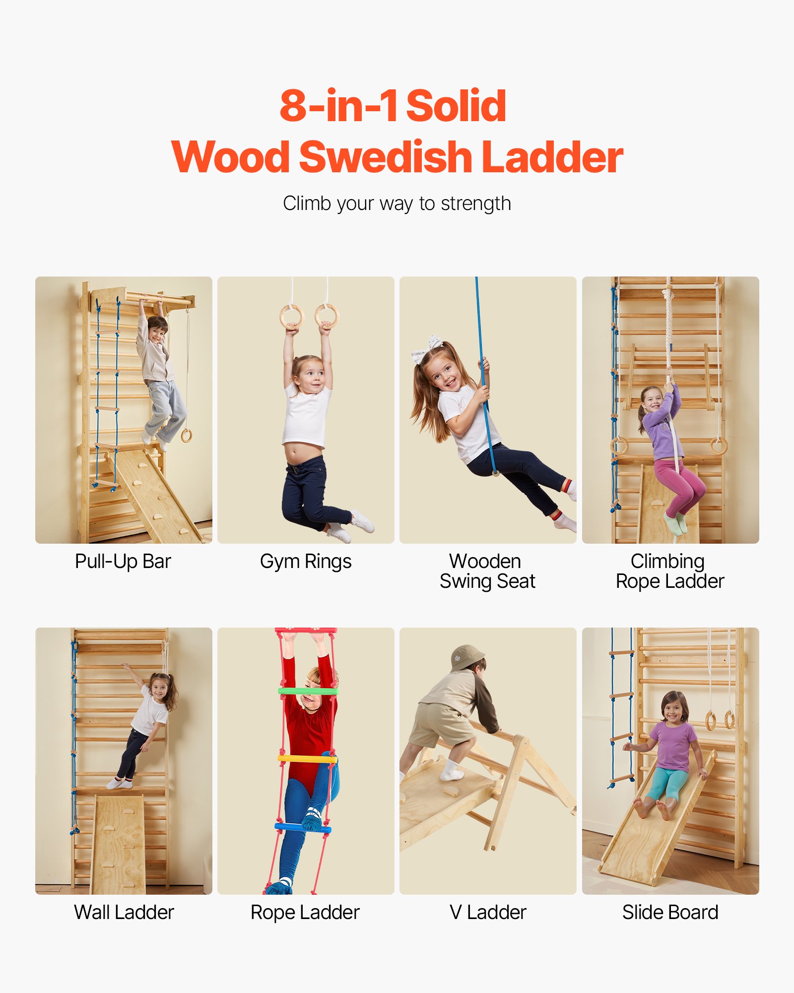 VEVOR schwedisches Leiterwand, 8 in 1 15-stufiges Indoor-Klettergerüst, 100 kg belastbares Wand-Stangen-Kletterspielset mit Wandleiter Rutschbrett Klimmzugstange Turnringen Schaukelsitz Strickleiter
