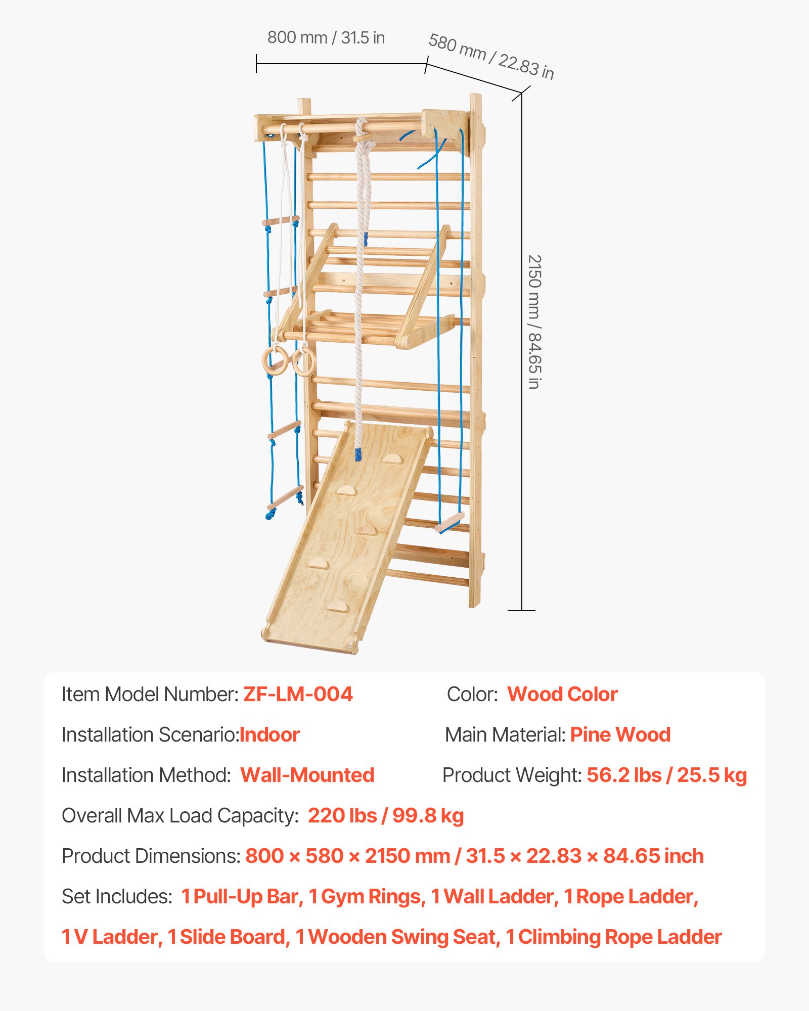 VEVOR schwedisches Leiterwand, 8 in 1 15-stufiges Indoor-Klettergerüst, 100 kg belastbares Wand-Stangen-Kletterspielset mit Wandleiter Rutschbrett Klimmzugstange Turnringen Schaukelsitz Strickleiter