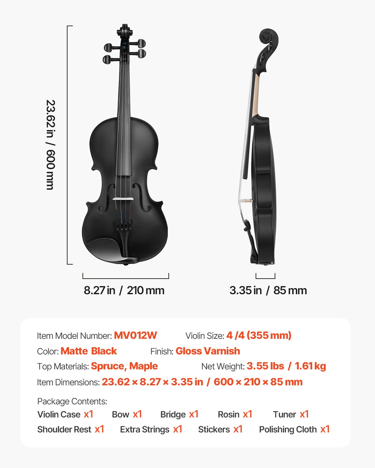 VEVOR Violine 4/4, 584,2 mm Armlänge, Geigenset mit Hartschalenkoffer, Kolophonium, Bogen, Schulterstütze, Steg, Stimmgerät & zusätzlichen Saiten, Massivholzinstrumente (schwarz)
