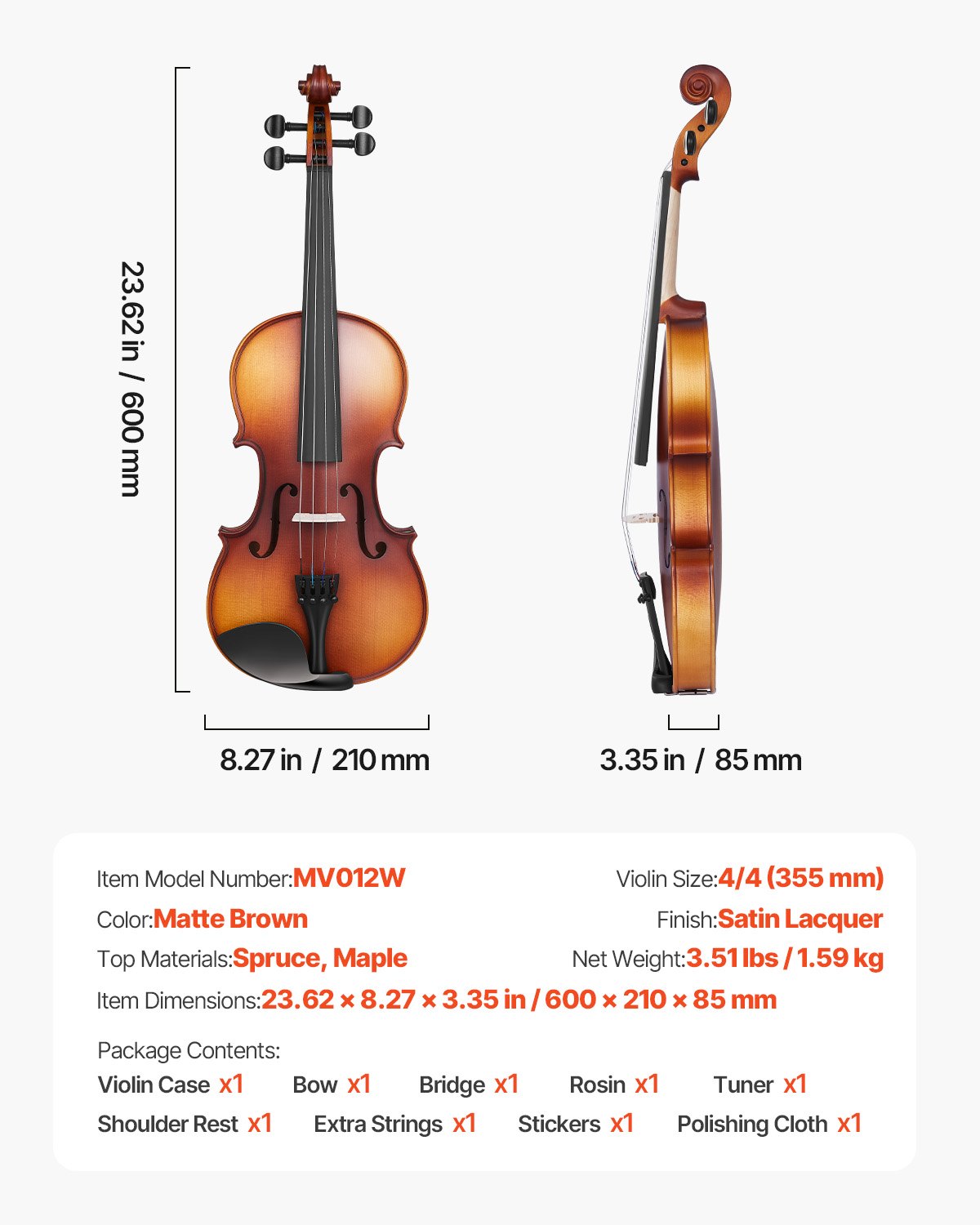 VEVOR Violine 4/4, 584,2 mm Armlänge Geigenset mit Hartschalenkoffer, Kolophonium, Bogen, Schulterstütze, Steg, zusätzlichen Saiten, Massivholzinstrument für Anfänger ab 12 Jahren (Mattbraun)
