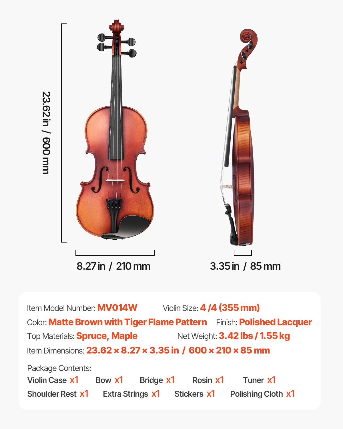 VEVOR Violine 4/4, 584,2 mm Armlänge, Geigenset mit Hartschalenkoffer, Kolophonium, Bogen, Schulterstütze, Steg, und zusätzlichen Saiten, Massivholzinstrument (mattbraun gemustert)