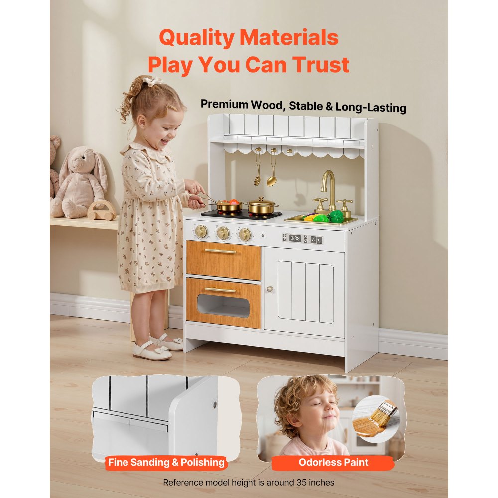 VEVOR Spielküche für Kinder, Realistische Kinderküche aus Holz mit Licht & Sound, Holzküche mit Herd Backofen Spüle Mikrowelle Schrank, Küchenspielzeug mit Kochset für Kinder von 3-8 Jahren, Beige