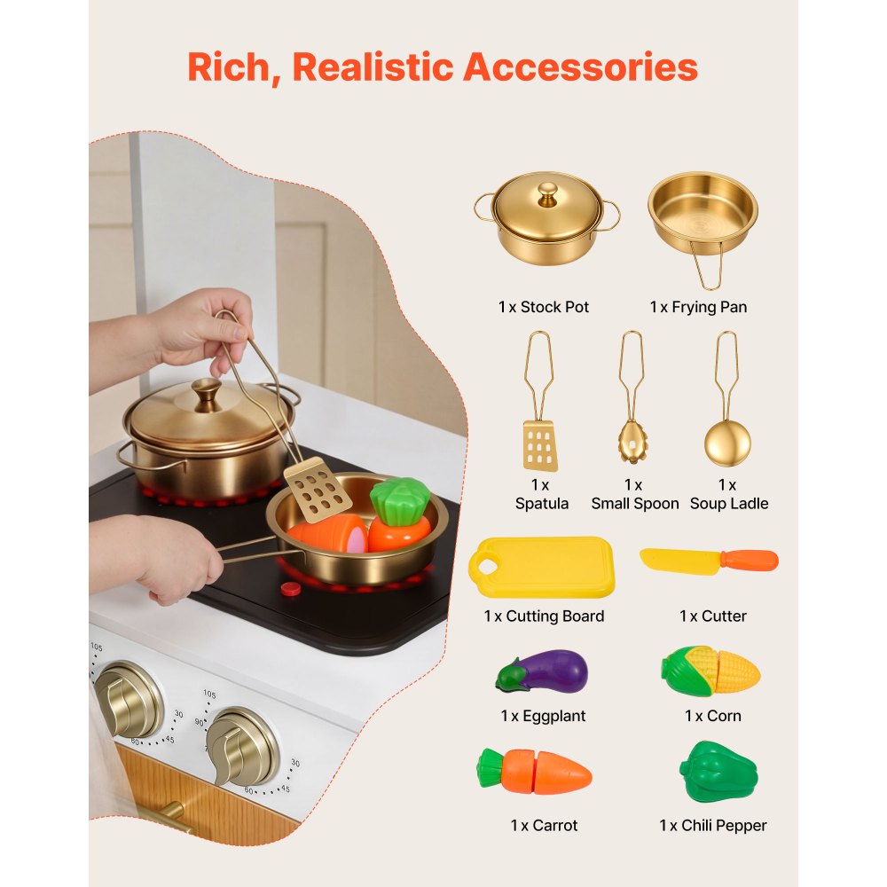 VEVOR Spielküche für Kinder, Realistische Kinderküche aus Holz mit Licht & Sound, Holzküche mit Herd Backofen Spüle Mikrowelle Schrank, Küchenspielzeug mit Kochset für Kinder von 3-8 Jahren, Beige
