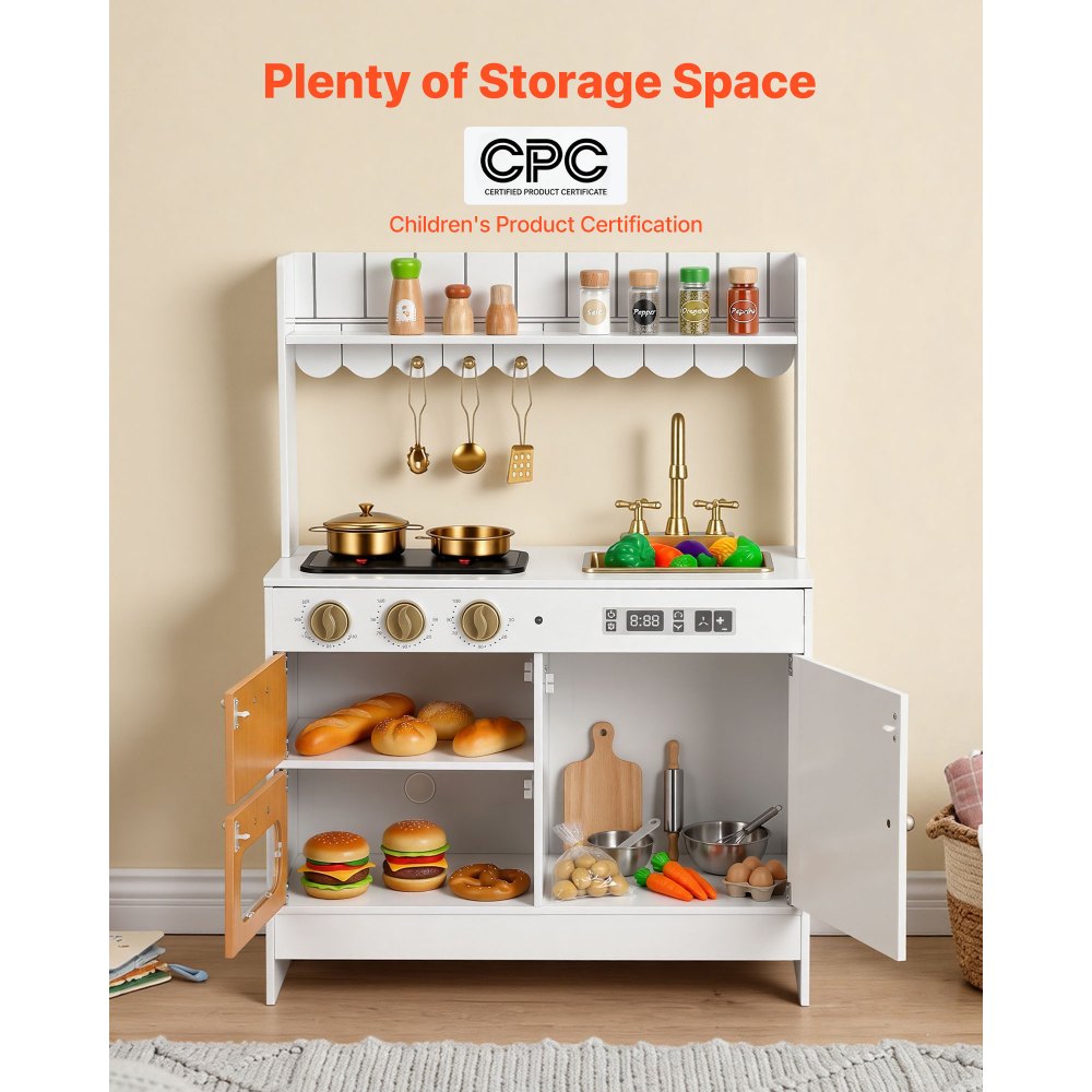 VEVOR Spielküche für Kinder, Realistische Kinderküche aus Holz mit Licht & Sound, Holzküche mit Herd Backofen Spüle Mikrowelle Schrank, Küchenspielzeug mit Kochset für Kinder von 3-8 Jahren, Beige