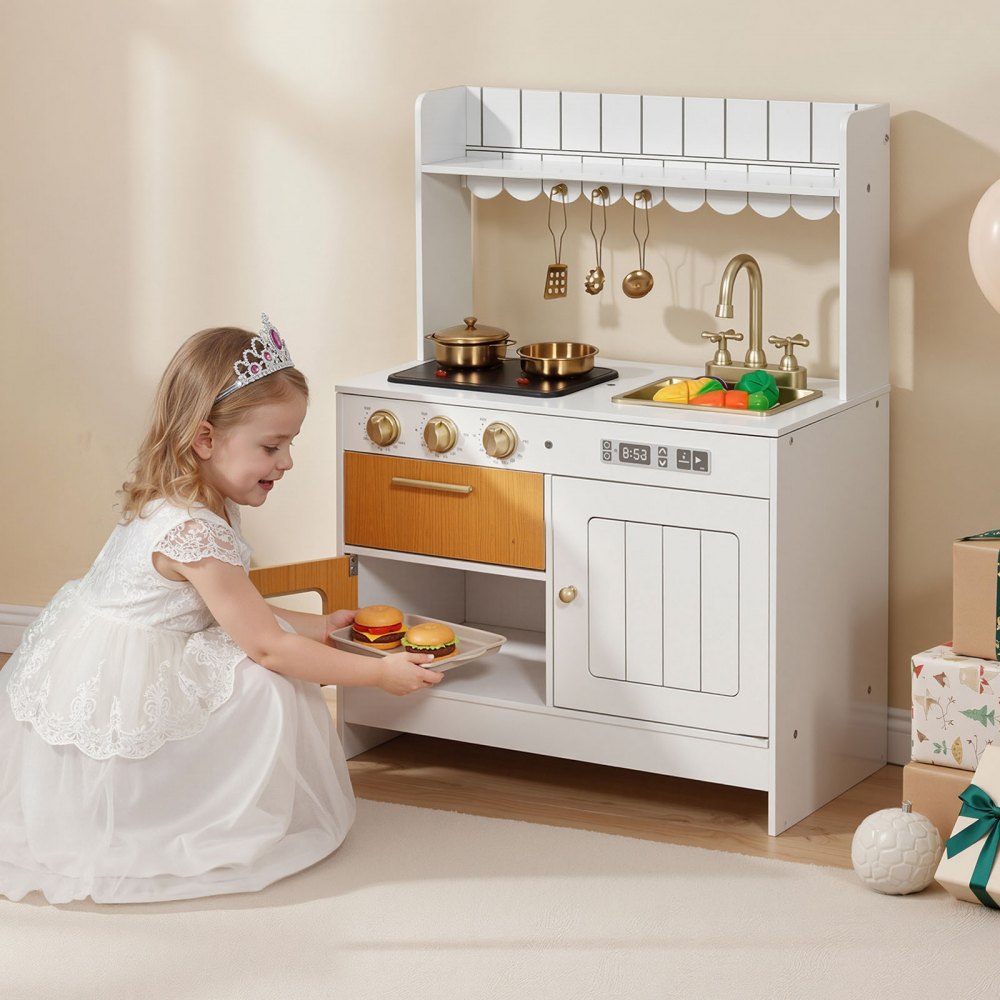 VEVOR Spielküche für Kinder, Realistische Kinderküche aus Holz mit Licht & Sound, Holzküche mit Herd Backofen Spüle Mikrowelle Schrank, Küchenspielzeug mit Kochset für Kinder von 3-8 Jahren, Beige