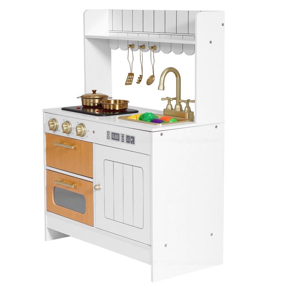 VEVOR Spielküche für Kinder, Realistische Kinderküche aus Holz mit Licht & Sound, Holzküche mit Herd Backofen Spüle Mikrowelle Schrank, Küchenspielzeug mit Kochset für Kinder von 3-8 Jahren, Beige