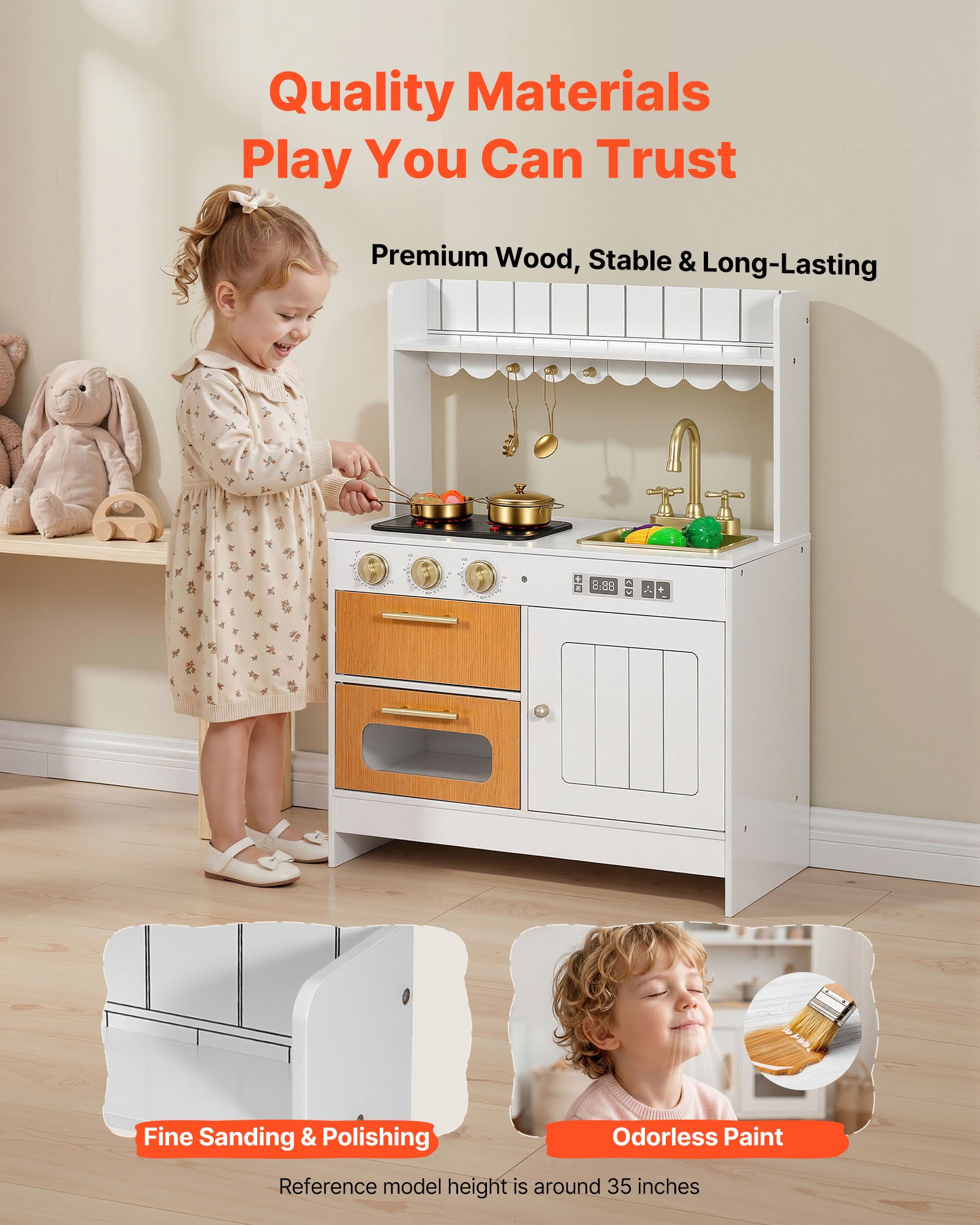 VEVOR Spielküche für Kinder, Realistische Kinderküche aus Holz mit Licht & Sound, Holzküche mit Herd Backofen Spüle Mikrowelle Schrank, Küchenspielzeug mit Kochset für Kinder von 3-8 Jahren, Beige