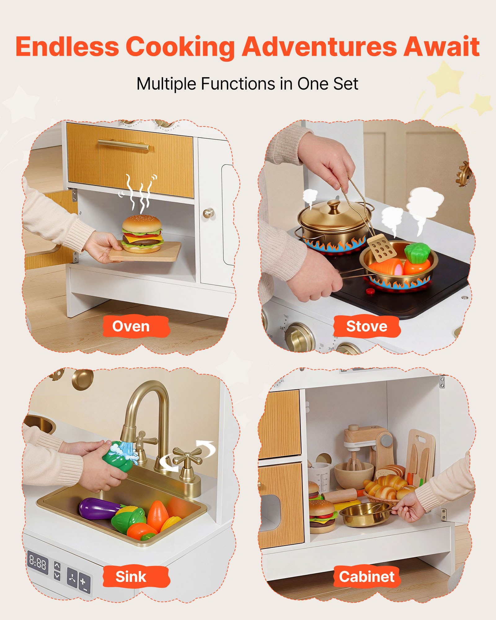 VEVOR Spielküche für Kinder, Realistische Kinderküche aus Holz mit Licht & Sound, Holzküche mit Herd Backofen Spüle Mikrowelle Schrank, Küchenspielzeug mit Kochset für Kinder von 3-8 Jahren, Beige
