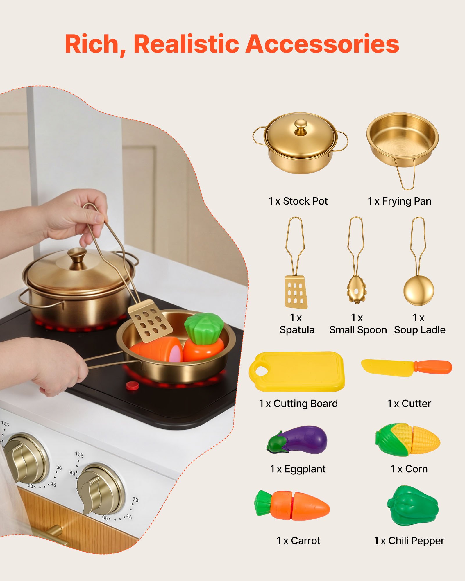VEVOR Spielküche für Kinder, Realistische Kinderküche aus Holz mit Licht & Sound, Holzküche mit Herd Backofen Spüle Mikrowelle Schrank, Küchenspielzeug mit Kochset für Kinder von 3-8 Jahren, Beige