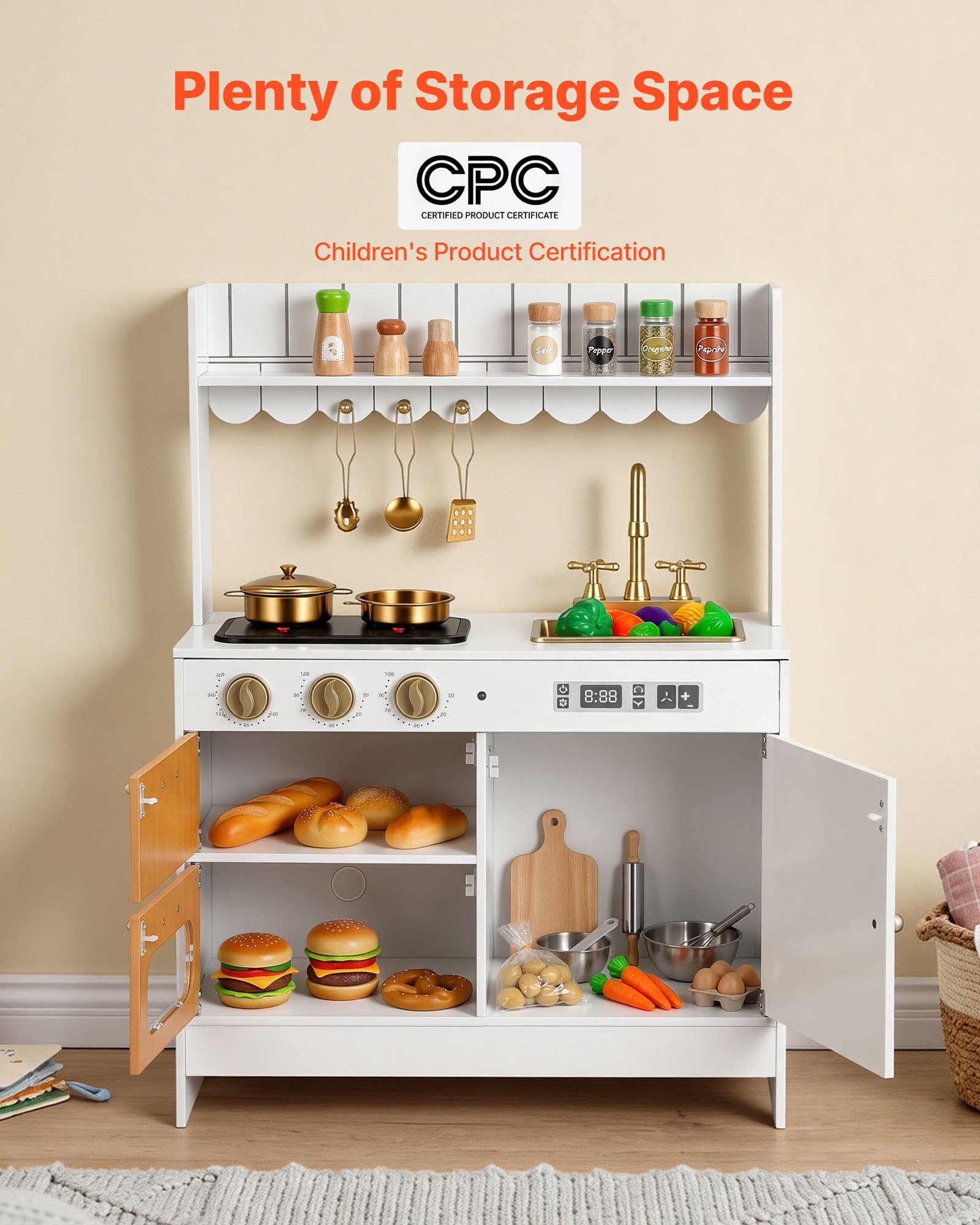 VEVOR Spielküche für Kinder, Realistische Kinderküche aus Holz mit Licht & Sound, Holzküche mit Herd Backofen Spüle Mikrowelle Schrank, Küchenspielzeug mit Kochset für Kinder von 3-8 Jahren, Beige