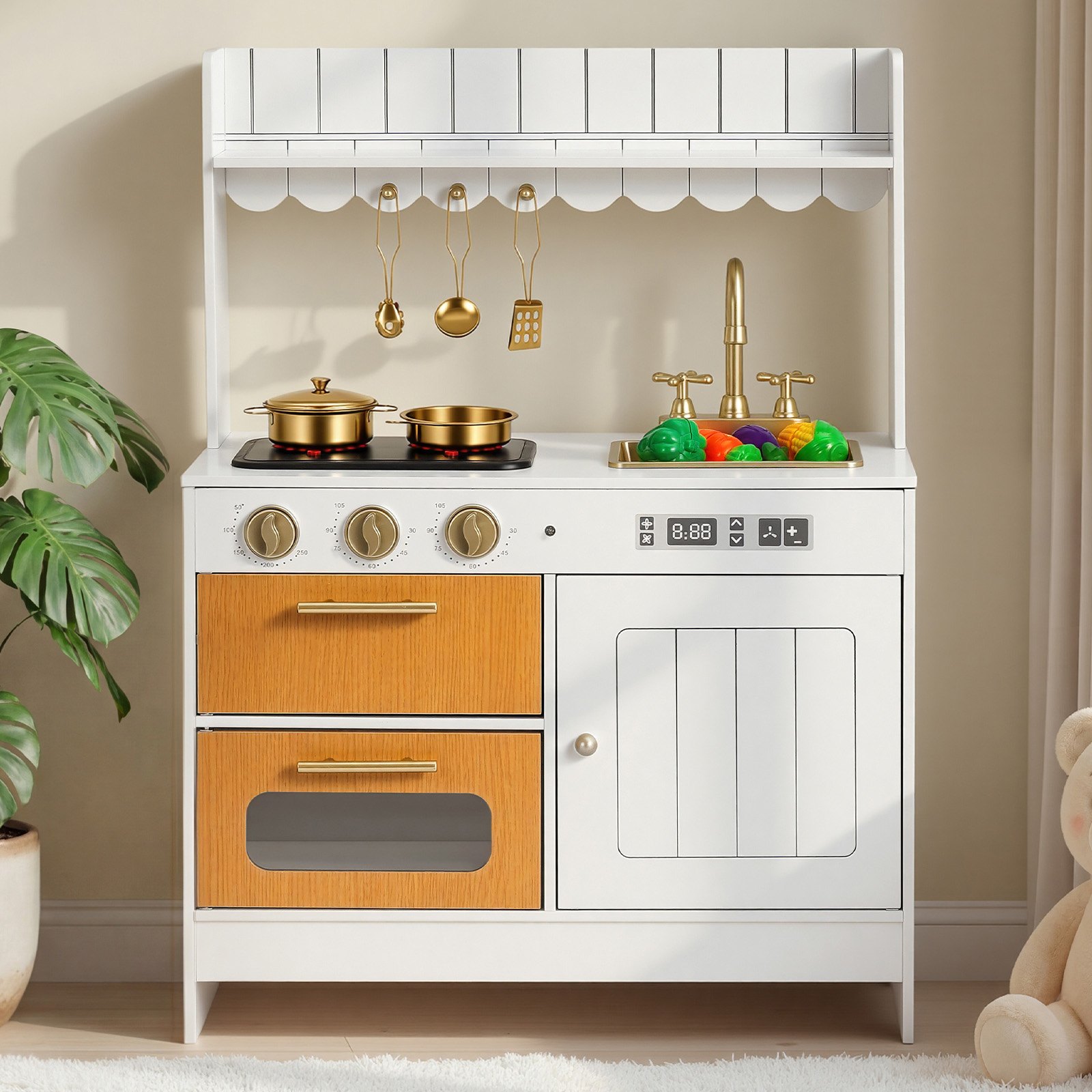 VEVOR Spielküche für Kinder, Realistische Kinderküche aus Holz mit Licht & Sound, Holzküche mit Herd Backofen Spüle Mikrowelle Schrank, Küchenspielzeug mit Kochset für Kinder von 3-8 Jahren, Beige
