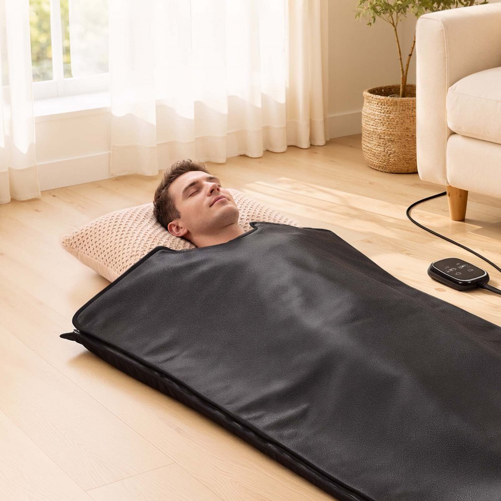 VEVOR Infrarot-Saunadecke mit Mineralsteinen Infrarotdecke 185x90cm Schwarz, Tragbare Wärmedecke für Schwitzen Entspannung Detox, 30-75°C Temperaturregelung, 20-60min Timer, PU-Leder, mit Tragetasche